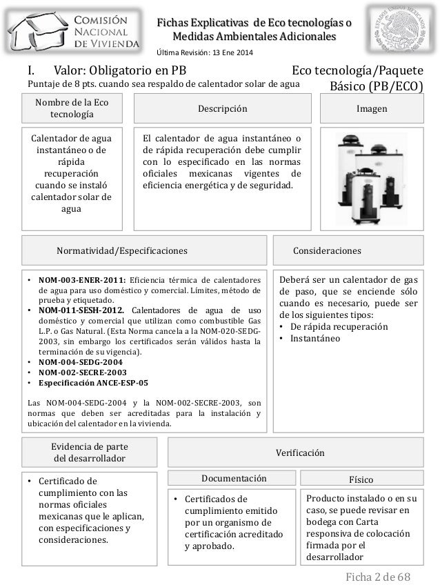 FICHAS ECO TECNOLOGÍAS ROP 2014 CONAVI