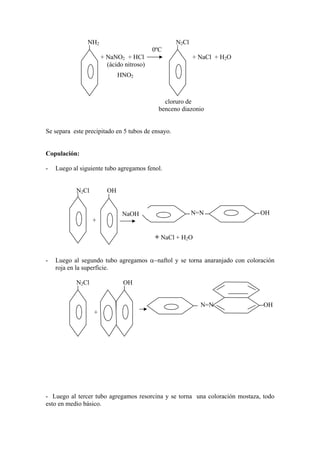 NH2                                N2Cl
                                          0ºC
                      + NaNO2 + HCl                       + NaCl + H2O
                        (ácido nitroso)
                             HNO2



                                              cloruro de
                                            benceno diazonio


Se separa este precipitado en 5 tubos de ensayo.


Copulación:

-   Luego al siguiente tubo agregamos fenol.


           N2Cl         OH


                              NaOH                        N=N               OH
                  +

                                          + NaCl + H2O


-   Luego al segundo tubo agregamos α−naftol y se torna anaranjado con coloración
    roja en la superficie.

           N2Cl               OH


                                                            N=N               OH
                  +




- Luego al tercer tubo agregamos resorcina y se torna una coloración mostaza, todo
esto en medio básico.
 