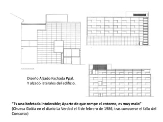 Diseño Alzado Fachada Ppal.
Y alzado laterales del edificio.

“Es una bofetada intolerable; Aparte de que rompe el entorno, es muy malo”
(Chueca Goitia en el diario La Verdad el 4 de febrero de 1986, tras conocerse el fallo del
Concurso)

 