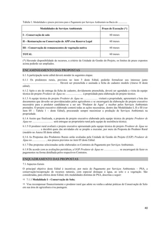 40
Tabela 1. Modalidades e prazos previstos para o Pagamento por Serviços Ambientais na Bacia do ...............
Modalidades de Serviços Ambientais Prazo de Execução (*)
I – Conservação de solo 60 meses
II – Restauração ou Conservação de APP e/ou Reserva Legal 60 meses
III – Conservação de remanescentes de vegetação nativa 60 meses
TOTAL 60 meses
(*) Havendo disponibilidade de recursos, a critério da Unidade de Gestão do Projeto, os limites de prazo expostos
acima poderão ser ampliados.
ENCAMINHAMENTO DAS PROPOSTAS
6.1 A participação neste edital deverá atender às seguintes etapas:
6.1.1 Os produtores rurais, previstos no item 5 deste Edital, poderão formalizar seu interesse junto
.................................................... . Deverá ser preenchida e assinada a ficha de cadastro modelo (Anexo II deste
edital).
6.1.2 Após o ato de entrega da ficha de cadastro, devidamente preenchida, deverá ser agendada a visita da equipe
técnica do projeto Produtor de Água no ......................... à propriedade para elaboração do projeto técnico.
6.1.3 A equipe técnica do projeto Produtor de Água no ..................... visitará a propriedade, apresentará a lista dos
documentos que deverão ser providenciados pelos agricultores e se encarregará da elaboração do projeto executivo
necessário para o produtor candidatar-se a ser um “Produtor de Água” e receber pelos Serviços Ambientais
prestados. O projeto executivo elaborado conterá todas as ações necessárias, dentro das Modalidades I, II e III (ver
item 05 – Tabela 1 – deste Edital), procurando sempre maximizar a produção de Serviços Ambientais na
propriedade.
6.1.4 Assim que finalizada, a proposta de projeto executivo elaborada pela equipe técnica do projeto Produtor de
Água no ............................... será entregue ao proprietário rural pela equipe de assistência técnica.
6.1.5 O produtor rural avaliará o projeto executivo apresentado pela equipe técnica do projeto Produtor de Água no
.......................... e decidirá quais das atividades ele se propõe a executar, por meio da Proposta do Produtor Rural
(modelo no Anexo III deste edital).
6.1.6 As Propostas dos Produtores Rurais serão avaliadas pela Unidade de Gestão do Projeto (UGP) Produtor de
Água no..................... , nos prazos previstos no item 05 deste Edital.
6.1.7 Das propostas selecionadas serão elaborados os Contratos de Pagamento por Serviços Ambientais.
6.1.8 De acordo com as avaliações periódicas, a UGP Produtor de Água no ....................... se encarregará de fazer os
pagamentos na forma detalhada pelos respectivos Contratos.
ENQUADRAMENTO DAS PROPOSTAS
7.1 Aspectos Gerais
O principal objetivo deste Edital é incentivar, por meio do Pagamento por Serviços Ambientais – PSA, a
conservação/recuperação de recursos naturais, com especial destaque à água, ao solo e a vegetação. São
consideradas, para efeitos deste Edital, três modalidades distintas de PSA, descritas a seguir:
 7.1.1 Modalidade I – Conservação de Solo;
 Visa recompensar financeiramente o produtor rural que adote ou venha a adotar práticas de Conservação de Solo
em sua área de agricultura e/ou pastagem.
 