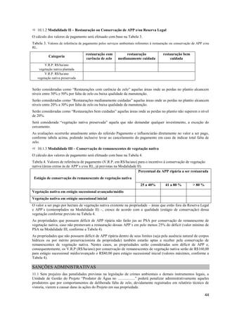 44
 10.1.2 Modalidade II – Restauração ou Conservação de APP e/ou Reserva Legal
O cálculo dos valores de pagamento será efetuado com base na Tabela 3.
Tabela 3. Valores de referência de pagamento pelos serviços ambientais referentes à restauração ou conservação de APP e/ou
RL.
Categoria
restauração com
carência de zelo
restauração
medianamente cuidada
restauração bem
cuidada
V.R.P. R$/ha/ano
vegetação nativa plantada
V.R.P. R$/ha/ano
vegetação nativa preservada
Serão consideradas como “Restaurações com carência de zelo” aquelas áreas onde as perdas no plantio alcancem
níveis entre 30% e 50% por falta de zelo ou baixa qualidade da manutenção.
Serão consideradas como “Restaurações medianamente cuidadas” aquelas áreas onde as perdas no plantio alcancem
níveis entre 20% a 30% por falta de zelo ou baixa qualidade da manutenção.
Serão consideradas como “Restaurações bem cuidadas” aquelas áreas onde as perdas no plantio não superem o nível
de 20%.
Será considerada “vegetação nativa preservada” aquela que não demandar qualquer investimento, a exceção do
cercamento.
As avaliações ocorrerão anualmente antes do referido Pagamento e influenciarão diretamente no valor a ser pago,
conforme tabela acima, podendo inclusive levar ao cancelamento do pagamento em caso de indicar total falta de
zelo.
 10.1.3 Modalidade III – Conservação de remanescentes de vegetação nativa
O cálculo dos valores de pagamento será efetuado com base na Tabela 4.
Tabela 4. Valores de referência de pagamento (V.R.P. em R$/ha/ano) para o incentivo à conservação de vegetação
nativa (áreas extras às de APP`s e/ou RL, já previstas na Modalidade II).
Estágio de conservação do remanescente de vegetação nativa
Percentual da APP ripária a ser restaurada
25 a 40% 41 a 80 % > 80 %
Vegetação nativa em estágio sucessional avançado/médio
Vegetação nativa em estágio sucessional inicial
O valor a ser pago por hectare de vegetação nativa existente na propriedade – áreas que estão fora da Reserva Legal
e APP`s (contemplados na Modalidade II) –, cresce de acordo com a qualidade (estágio de conservação) dessa
vegetação conforme previsto na Tabela 4.
As propriedades que possuem déficit de APP ripária não farão jus ao PSA por conservação de remanescente de
vegetação nativa, caso não promovam a restauração dessas APP`s em pelo menos 25% do déficit (valor mínimo de
PSA na Modalidade III, conforme a Tabela 4).
As propriedades que não possuem déficit de APP ripária dentro de seus limites (seja pela ausência natural de corpos
hídricos ou por mérito preservacionista da propriedade) também estarão aptas a receber pela conservação de
remanescentes de vegetação nativa. Nestes casos, as propriedades serão consideradas sem déficit de APP e,
consequentemente, os V.R.P (R$/ha/ano) por conservação de remanescentes de vegetação nativa serão de R$160,00
para estágio sucessional médio/avançado e R$80,00 para estágio sucessional inicial (valores máximos, conforme a
Tabela 4).
SANÇÕES ADMINISTRATIVAS
11.1 Sem prejuízo das penalidades previstas na legislação de crimes ambientais e demais instrumentos legais, a
Unidade de Gestão do Projeto “Produtor de Água no ..................” poderá penalizar administrativamente aqueles
produtores que por comportamentos de deliberada falta de zelo, devidamente registrados em relatório técnico de
vistoria, vierem a causar dano às ações do Projeto em sua propriedade.
 