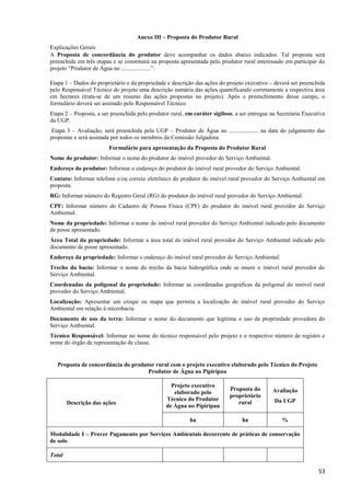 53
Anexo III – Proposta do Produtor Rural
Explicações Gerais:
A Proposta de concordância do produtor deve acompanhar os dados abaixo indicados. Tal proposta será
preenchida em três etapas e se constituirá na proposta apresentada pelo produtor rural interessado em participar do
projeto “Produtor de Água no ....................”:
Etapa 1 – Dados do proprietário e da propriedade e descrição das ações do projeto executivo – deverá ser preenchida
pelo Responsável Técnico do projeto uma descrição sumária das ações quantificando corretamente a respectiva área
em hectares (trata-se de um resumo das ações propostas no projeto). Após o preenchimento desse campo, o
formulário deverá ser assinado pelo Responsável Técnico.
Etapa 2 – Proposta, a ser preenchida pelo produtor rural, em caráter sigiloso, a ser entregue na Secretaria Executiva
da UGP.
Etapa 3 – Avaliação, será preenchida pela UGP – Produtor de Água no .................... na data do julgamento das
propostas e será assinada por todos os membros da Comissão Julgadora.
Formulário para apresentação da Proposta do Produtor Rural
Nome do produtor: Informar o nome do produtor do imóvel provedor do Serviço Ambiental.
Endereço do produtor: Informar o endereço do produtor do imóvel rural provedor do Serviço Ambiental.
Contato: Informar telefone e/ou correio eletrônico do produtor do imóvel rural provedor do Serviço Ambiental em
proposta.
RG: Informar número do Registro Geral (RG) do produtor do imóvel rural provedor do Serviço Ambiental.
CPF: Informar número do Cadastro de Pessoa Física (CPF) do produtor do imóvel rural provedor do Serviço
Ambiental.
Nome da propriedade: Informar o nome do imóvel rural provedor do Serviço Ambiental indicado pelo documento
de posse apresentado.
Área Total da propriedade: Informar a área total do imóvel rural provedor do Serviço Ambiental indicado pelo
documento de posse apresentado.
Endereço da propriedade: Informar o endereço do imóvel rural provedor do Serviço Ambiental.
Trecho da bacia: Informar o nome do trecho da bacia hidrográfica onde se insere o imóvel rural provedor do
Serviço Ambiental.
Coordenadas da poligonal da propriedade: Informar as coordenadas geográficas da poligonal do imóvel rural
provedor do Serviço Ambiental.
Localização: Apresentar um croqui ou mapa que permita a localização do imóvel rural provedor do Serviço
Ambiental em relação à microbacia.
Documento de uso da terra: Informar o nome do documento que legitima o uso da propriedade provedora do
Serviço Ambiental.
Técnico Responsável: Informar no nome do técnico responsável pelo projeto e o respectivo número de registro e
nome do órgão de representação de classe.
Proposta de concordância do produtor rural com o projeto executivo elaborado pelo Técnico do Projeto
Produtor de Água no Pipiripau
Descrição das ações
Projeto executivo
elaborado pelo
Técnico do Produtor
de Água no Pipiripau
Proposta do
proprietário
rural
Avaliação
Da UGP
ha ha %
Modalidade I – Prover Pagamento por Serviços Ambientais decorrente de práticas de conservação
de solo
Total
 