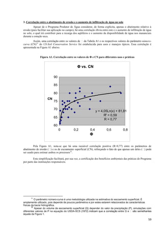59
3. Correlação entre o abatimento de erosão e o aumento de infiltração de água no solo
Apesar de o Programa Produtor de Água considerar, de forma explícita, apenas o abatimento relativo à
erosão (para facilitar sua aplicação no campo), há uma correlação óbvia entre este e o aumento de infiltração de água
no solo, o qual irá contribuir para a recarga dos aqüíferos e o aumento da disponibilidade de água nos mananciais
durante a estação seca.
número-
curva (CN)31
do US-Soil Conservation Service foi estabelecida para usos e manejos típicos. Essa correlação é
apresentada na Figura A1 abaixo.
Figura A1. Correlação entre os valores de Φ e CN para diferentes usos e práticas
Pela Figura A1, nota-se que há uma razoável correlação positiva (R=0,77) entre os parâmetros de
ser usado para estimar ambos os processos32
.
Esta simplificação facilitará, por sua vez, a certificação dos benefícios ambientais das práticas do Programa
por parte das instituições responsáveis.
31
O parâmetro número-curva é uma metodologia utilizada na estimativa do escoamento superficial. É
amplamente utilizado, pois depende de poucos parâmetros e por estes estarem relacionados às características
físicas da bacia hidrográfica.
32
Apesar do volume de escoamento superficial (Q) depender do valor da precipitação (P), simulações com
diferentes valores de P na equação do USDA-
àquela da Figura 1.
Φ vs. CN
y = 4,05Ln(x) + 81,81
R2
= 0,59
R = 0,77
60
65
70
75
80
85
90
0 0,2 0,4 0,6 0,8
Φ
CN
 