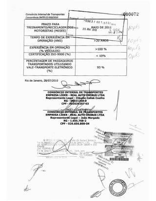 Consórcio Intersulde Transportes 1
'
——— ««D1
Concorrência SMTR CO 010/2010 JPrrr*ÿ,„»
[)0072
PRAZO PARA
TREINAMENTO/RECICLAGEMjDQSvu
MOTORISTAS (MESES)/
"0043 / 00 í. 9 J ÿ/ /' ' ?/)iij
Jfr o d /n/,MAIO DE 2011
'
/m*/»c A?}5J JOfj'
TEMPO DE EXPERIÊNCIA ÊM'—- J
OPERAÇÃO (ANO) i>2*0~ATre)ír~T~"---- -~kj ./C?/ '
EXPERIENCIA EM OPERAÇAO
(% VEÍCULOS) >100 % %7 '
CERTIFICAÇÃO ISO-9000 (%)
< 10%
OH-PERCENTAGEM DE PASSAGEIROS
TRANSPORTADOS UTILIZANDO
VALE-TRANSPORTE ELETRÔNICO
(%)
93 %
JUL DE TRANSPORTES
AL AUTOÔNIBUS LTD/
-Cláudio Callak Coelhi
321258-9
539207-03
CIO INTERSUL DEÿ
LÍDER ->EAL AUTI
VNSPORTES
NIBUS LTD;
iÿsaoj».áãfijlLIZAOÃ&
TKC
Rio de Janeiro, 28/07/2010
LTDA
Callak Coelho
CONSÓRCIO INTERSUL DE
EMPRESA LÍDER - REAL
Representante Legal -RG -CPF -
CONSORCIOÿ INTERSUL DE TRANSPORTES
EMPRESA LÍDER ÿlEAL AUTO ÔNIBUS LTDA
Representante Legal -João Morgado
RG - 1.655.768-2
CPF - 026.656.898-04
sbekí? casta*? BíisrEirí
o de Jene:*: - iJ, 'EC
iO CALLA; COELHO ;JGAD
:c*-i
:: TÓ.FUH503
Tctai
85 0Fui:
Suí tfs AsseíC: =:i.
ÿ:cr HUTENTMir.;:"
:"od: 0212?í4DJ
5:c Se -ianei'C
 