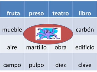 fruta preso teatro libro 
mueble leche trece carbón 
aire martillo obra edificio 
campo pulpo diez clave 
 