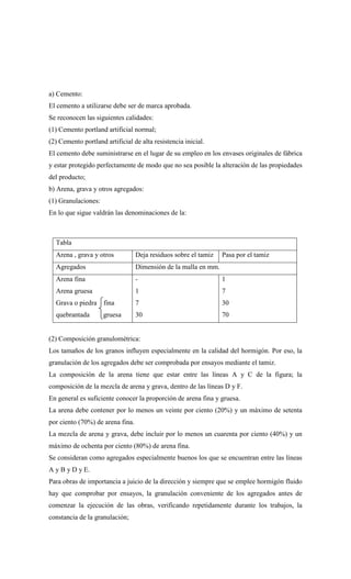 a) Cemento:
El cemento a utilizarse debe ser de marca aprobada.
Se reconocen las siguientes calidades:
(1) Cemento portland artificial normal;
(2) Cemento portland artificial de alta resistencia inicial.
El cemento debe suministrarse en el lugar de su empleo en los envases originales de fábrica
y estar protegido perfectamente de modo que no sea posible la alteración de las propiedades
del producto;
b) Arena, grava y otros agregados:
(1) Granulaciones:
En lo que sigue valdrán las denominaciones de la:
Tabla
Arena , grava y otros Deja residuos sobre el tamiz Pasa por el tamiz
Agregados Dimensión de la malla en mm.
Arena fina
Arena gruesa
Grava o piedra fina
quebrantada gruesa
-
1
7
30
1
7
30
70
(2) Composición granulométrica:
Los tamaños de los granos influyen especialmente en la calidad del hormigón. Por eso, la
granulación de los agregados debe ser comprobada por ensayos mediante el tamiz.
La composición de la arena tiene que estar entre las líneas A y C de la figura; la
composición de la mezcla de arena y grava, dentro de las líneas D y F.
En general es suficiente conocer la proporción de arena fina y gruesa.
La arena debe contener por lo menos un veinte por ciento (20%) y un máximo de setenta
por ciento (70%) de arena fina.
La mezcla de arena y grava, debe incluir por lo menos un cuarenta por ciento (40%) y un
máximo de ochenta por ciento (80%) de arena fina.
Se consideran como agregados especialmente buenos los que se encuentran entre las líneas
A y B y D y E.
Para obras de importancia a juicio de la dirección y siempre que se emplee hormigón fluido
hay que comprobar por ensayos, la granulación conveniente de los agregados antes de
comenzar la ejecución de las obras, verificando repetidamente durante los trabajos, la
constancia de la granulación;
 