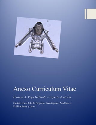 Anexo Curriculum Vitae
Gustavo A. Vega Gallardo – Experto Acuícola

Gestión como Jefe de Proyecto, Investigador, Académico,
Publicaciones y otros.
 