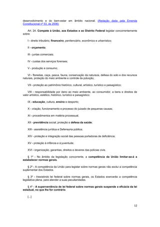 desenvolvimento e do bem-estar em âmbito nacional. (Redação dada pela Emenda
Constitucional nº 53, de 2006)

    Art. 24. Compete à União, aos Estados e ao Distrito Federal legislar concorrentemente
sobre:

   I - direito tributário, financeiro, penitenciário, econômico e urbanístico;

   II - orçamento;

   III - juntas comerciais;

   IV - custas dos serviços forenses;

   V - produção e consumo;

    VI - florestas, caça, pesca, fauna, conservação da natureza, defesa do solo e dos recursos
naturais, proteção do meio ambiente e controle da poluição;

   VII - proteção ao patrimônio histórico, cultural, artístico, turístico e paisagístico;

    VIII - responsabilidade por dano ao meio ambiente, ao consumidor, a bens e direitos de
valor artístico, estético, histórico, turístico e paisagístico;

   IX - educação, cultura, ensino e desporto;

   X - criação, funcionamento e processo do juizado de pequenas causas;

   XI - procedimentos em matéria processual;

   XII - previdência social, proteção e defesa da saúde;

   XIII - assistência jurídica e Defensoria pública;

   XIV - proteção e integração social das pessoas portadoras de deficiência;

   XV - proteção à infância e à juventude;

   XVI - organização, garantias, direitos e deveres das polícias civis.

    § 1º - No âmbito da legislação concorrente, a competência da União limitar-se-á a
estabelecer normas gerais.

    § 2º - A competência da União para legislar sobre normas gerais não exclui a competência
suplementar dos Estados.

     § 3º - Inexistindo lei federal sobre normas gerais, os Estados exercerão a competência
legislativa plena, para atender a suas peculiaridades.

    § 4º - A superveniência de lei federal sobre normas gerais suspende a eficácia da lei
estadual, no que lhe for contrário.

   [...]


                                                                                            12
 
