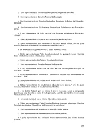 c) 1 (um) representante do Ministério do Planejamento, Orçamento e Gestão;

    d) 1 (um) representante do Conselho Nacional de Educação;

   e) 1 (um) representante do Conselho Nacional de Secretários de Estado da Educação -
CONSED;

   f) 1 (um) representante da Confederação Nacional dos Trabalhadores em Educação -
CNTE;

   g) 1 (um) representante da União Nacional dos Dirigentes Municipais de Educação -
UNDIME;

    h) 2 (dois) representantes dos pais de alunos da educação básica pública;

     i) 2 (dois) representantes dos estudantes da educação básica pública, um dos quais
indicado pela União Brasileira de Estudantes Secundaristas - UBES;

    II - em âmbito estadual, por no mínimo 12 (doze) membros, sendo:

    a) 3 (três) representantes do Poder Executivo estadual, dos quais pelo menos 1 (um) do
órgão estadual responsável pela educação básica;

    b) 2 (dois) representantes dos Poderes Executivos Municipais;

    c) 1 (um) representante do Conselho Estadual de Educação;

    d) 1 (um) representante da seccional da União Nacional dos Dirigentes Municipais de
Educação - UNDIME;

    e) 1 (um) representante da seccional da Confederação Nacional dos Trabalhadores em
Educação - CNTE;

    f) 2 (dois) representantes dos pais de alunos da educação básica pública;

     g) 2 (dois) representantes dos estudantes da educação básica pública, 1 (um) dos quais
indicado pela entidade estadual de estudantes secundaristas;

     III - no Distrito Federal, por no mínimo 9 (nove) membros, sendo a composição
determinada pelo disposto no inciso II deste parágrafo, excluídos os membros mencionados
nas suas alíneas b e d;

    IV - em âmbito municipal, por no mínimo 9 (nove) membros, sendo:

    a) 2 (dois) representantes do Poder Executivo Municipal, dos quais pelo menos 1 (um) da
Secretaria Municipal de Educação ou órgão educacional equivalente;

    b) 1 (um) representante dos professores da educação básica pública;

    c) 1 (um) representante dos diretores das escolas básicas públicas;

     d) 1 (um) representante dos servidores técnico-administrativos das escolas básicas
públicas;


                                                                                       233
 