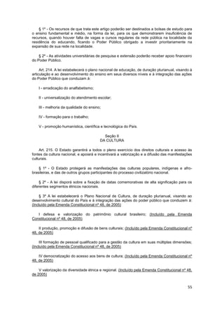 § 1º - Os recursos de que trata este artigo poderão ser destinados a bolsas de estudo para
o ensino fundamental e médio, na forma da lei, para os que demonstrarem insuficiência de
recursos, quando houver falta de vagas e cursos regulares da rede pública na localidade da
residência do educando, ficando o Poder Público obrigado a investir prioritariamente na
expansão de sua rede na localidade.

    § 2º - As atividades universitárias de pesquisa e extensão poderão receber apoio financeiro
do Poder Público.

     Art. 214. A lei estabelecerá o plano nacional de educação, de duração plurianual, visando à
articulação e ao desenvolvimento do ensino em seus diversos níveis e à integração das ações
do Poder Público que conduzam à:

    I - erradicação do analfabetismo;

    II - universalização do atendimento escolar;

    III - melhoria da qualidade do ensino;

    IV - formação para o trabalho;

    V - promoção humanística, científica e tecnológica do País.

                                           Seção II
                                         DA CULTURA

    Art. 215. O Estado garantirá a todos o pleno exercício dos direitos culturais e acesso às
fontes da cultura nacional, e apoiará e incentivará a valorização e a difusão das manifestações
culturais.

    § 1º - O Estado protegerá as manifestações das culturas populares, indígenas e afro-
brasileiras, e das de outros grupos participantes do processo civilizatório nacional.

     § 2º - A lei disporá sobre a fixação de datas comemorativas de alta significação para os
diferentes segmentos étnicos nacionais.

     § 3º A lei estabelecerá o Plano Nacional de Cultura, de duração plurianual, visando ao
desenvolvimento cultural do País e à integração das ações do poder público que conduzem à:
(Incluído pela Emenda Constitucional nº 48, de 2005)

   I defesa e valorização do patrimônio cultural brasileiro; (Incluído pela Emenda
Constitucional nº 48, de 2005)

    II produção, promoção e difusão de bens culturais; (Incluído pela Emenda Constitucional nº
48, de 2005)

     III formação de pessoal qualificado para a gestão da cultura em suas múltiplas dimensões;
(Incluído pela Emenda Constitucional nº 48, de 2005)

    IV democratização do acesso aos bens de cultura; (Incluído pela Emenda Constitucional nº
48, de 2005)

    V valorização da diversidade étnica e regional. (Incluído pela Emenda Constitucional nº 48,
de 2005)


                                                                                             55
 