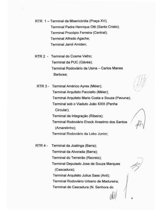 RTR 1 -Terminal da Misericórdia (Praça XV);
Terminal Padre Henrique Otti (Santo Cristo);
Terminal Procópio Ferreira (Central);
Terminal Alfredo Agache;
Terminal Jamil Amiden;
RTR 2 - Terminal do Cosme Velho;
Terminal da PUC (Gávea);
Terminal Rodoviário da Usina -Carlos Manes
Barbosa;
nil)
/ 1RTR 3 - Terminal Américo Ayres (Méier);
Terminal Arquiteto Pacciello (Méier);
Terminal Arquiteto Mario Costa e Souza (Pavuna);
Terminal sob o Viaduto João XXIII (Penha
Circular);
Terminal da Integração (Ribeira);
Terminal Rodoviário Enock Anselmo dos Santos
(Amarelinho);
Terminal Rodoviário da Lobo Junior;
RTR 4 - Terminal da Joatinga (Barra);
Terminal da Alvorada (Barra);
Terminal do Terreirão (Recreio);
Terminal Deputado Jose de Souza Marques
(Cascadura);
Terminal Arquiteto Julius Sass (Anil);
Terminal Rodoviário Urbano de Madureira;
Terminal de Cascadura (N. Senhora do
 