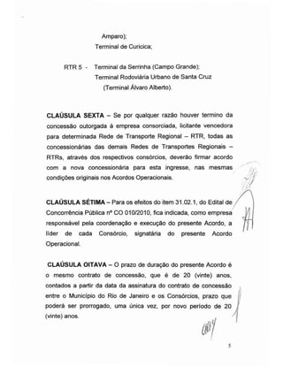 Amparo);
Terminal de Curicica;
RTR 5 - Terminal da Serrinha (Campo Grande);
Terminal Rodoviária Urbano de Santa Cruz
(Terminal Álvaro Alberto).
CLAÚSULA SEXTA - Se por qualquer razão houver termino da
concessão outorgada à empresa consorciada, licitante vencedora
para determinada Rede de Transporte Regional - RTR, todas as
concessionárias das demais Redes de Transportes Regionais -
RTRs, através dos respectivos consórcios, deverão firmar acordo
com a nova concessionária para esta ingresse, nas mesmas
condições originais nos Acordos Operacionais.
CLAÚSULA SÉTIMA - Para os efeitos do item 31.02.1, do Edital de
Concorrência Pública n° CO 010/2010, fica indicada, como empresa
responsável pela coordenação e execução do presente Acordo, a
líder de cada Consórcio, signatária do presente Acordo
Operacional.
CLAÚSULA OITAVA - O prazo de duração do presente Acordo é
o mesmo contrato de concessão, que é de 20 (vinte) anos,
contados a partir da data da assinatura do contrato de concessão
entre o Município do Rio de Janeiro e os Consórcios, prazo que
poderá ser prorrogado, uma única vez, por novo período de 20
(vinte) anos.
 