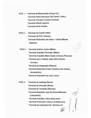 RTR 1 -Terminal da Misericórdia (Praça XV);
Terminal Padre Henrique Otti (Santo Cristo);
Terminal Procópio Ferreira (Central);
Terminal Alfredo Agache;
Terminal Jamil Amiden;
RTR 2 - Terminal do Cosme Velho;
RTR 3 - Terminal Américo Ayres (Méier);
Terminal Arquiteto Pacciello (Méier);
Terminal Arquiteto Mario Costa e Souza (Pavuna);
Terminal sob o Viaduto João XXIII (Penha
Circular);
Terminal da Integração (Ribeira);
Terminal Rodoviário Enock Anselmo dos Santos
(Amarelinho);
Terminal Rodoviário da Lobo Junior;
RTR 4 - Terminal da Joatinga (Barra);
ÿ'
/ /; . /
*
Terminal da PUC (Gávea);
Terminal Rodoviário da Usina - Carlos Manes
Barbosa;
Terminal da Alvorada (Barra);
Terminal do Terreirão (Recreio);
Terminal Deputado Jose de Souza Marques
(Cascadura);
Terminal Arquiteto Julius Sass (Anil);
Terminal Rodoviário Urbano de Madureira;
Terminal de Cascadura (N. Senhora do
.1
âf 4
 