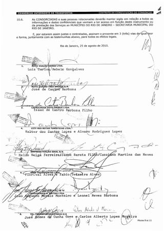CONSORCIO INTERNORTE DE TRANSPORTES CONTRATO DE CONSTITUIÇÃO DE CONSORCIO
As CONSORCIADAS e suas pessoas relacionadas deverão manter sigilo em relação a todas as
informações e dados confidenciais que venham a ter acesso em função deste instrumento ou
da prestação dos Serviços ao MUNICÍPIO DO RIO DE JANEIRO - SECRETARIA MUNICIPAL DO
RIO DE JANEIRO.
E, por estarem assim justas e contratadas, assinam o presente em 3 (três) vias deÿgua
e forma, juntamente com as testemunhas abaixo, para todos os efeitos legais.
Rio de Janeiro, 25 de agosto de 2010
AUTO VIAÇÃO bANGU LTDA.
Luis "s&atflofiy Rebelo Gonçalves
WUTO VIAÇÃO TRES AMl6gS.S/A '
José de CasJi?o Barbosa
CAPRICHOSA AUTO ÔNIBUS LTDA.
Isaac de Castro Barbosa Filho
CITY RIO ROTAS TURÍSTICAS LTDA> 7
Valter dos SantQS Lopes e Alvaro Rodrigues Lopes
/j.-V
* V
.S. . J EMPRESA'VIÀÇÃO IDEAL S/A .'
Hélio Veiga Ferreira/Jacob Barata Filtí&/Cass
JODOVÍARIA-fiÿrATIAS LTDA.
us;£o Mopais Monteiro
rSTRELAS/A / i
Cunha Goes e-.Carlos Alberto Lopes jMor/eirá
PÁGINA 9 DE 11
 