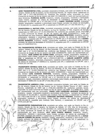 GIRE TRANSPORTES LTDA, sociedade empresária limitada, com sede na Cidade do Rio de
Janeiro, Estado do Rio de Janeiro, na Rua Alvarenga Peixoto, 20 Vigário Geral cadastrada no
CNPJ sob o n°ll.996.993/0001-10, conforme seu contrato social, arquivado na Junta
Comercial do Estado do Rio de Janeiro sob NIRE 33.2.0866206-2, neste ato representada por
seus Diretores, FLORIVAL ALVES, brasileiro, casado, empresário, residente e domiciliado
nesta Cidade, portador da cédula de identidade n° 5183906-6, expedida pelo IFP,
cadastrado no CPF/MF sob o n° 034.594.117-91 e FABIO TEIXEIRA ALVES, brasileirpf
casado, empresário, residente e domiciliado nesta Cidade, portador da cédula de identicjáae
n° 05.663.837-2, expedida pelo IFP, e cadastrado no CPF/MF sob o n° 765.709.407-91;/ L*
RODOVIÁRIA A. MATIAS LTDA., sociedade empresária limitada, com sede na Cidade m A
Rio de Janeiro, Estado do Rio de Janeiro, na Rua Dr. Bulhões, n° 766, Engenho de DenÿoA//
cadastrada no CNPJ sob o n° 33.263.906/0001-58, conforme seu contrato social, arquivádj) /
na Junta Comercial do Estado do_Rio de Janeiro sob NIRE 3320036474-7, neste ato
representada por seus Diretores, JOÃO AUGUSTO MORAIS MONTEIRO, brasileiro, casado, «
empresário, residente e domiciliado nesta Cidade, portador da cédula de identidade n°
01182956-1, expedida pelo IFP, e cadastrado no CPF/MF sob o n° 007202327-91 e LEONEL ;/
NEVES BARBOSA, brasileiro, casado, comerciante, residente e domiciliado nesta Cidade, ,'j
portador da cédula de identidade n° 01552517-3, expedida pelo IFP, e cadastrado no CPF/MF 
sob o n° 034979337-91; 
TEL-TRANSPORTES ESTRELA S/A, sociedade por ações, com sede na Cidade do Rio de
Janeiro, Estado do Rio de Janeiro, na Rua Saravatá, 210, Marechal Hermes, cadastrada no ;
CNPJ sob o n° 33.535.568/0001-66, conforme seu Estatuto Social, arquivado na Juntai
Comercial do Estado do Rio de Janeiro sob NIRE 33300026754, neste ato representada por
seu Diretor, JOSÉ GOMES DA CUNHA GOES, português, casado, empresário, residente e
domiciliado nesta Cidade, portador da cédula de identidade n° W 589154-X, expedida pelo
RNE, e cadastrado no CPF.MF. sob o n°025.871.067-53; e CARLOS ALBERTO LOPES
MOREIRA, brasileiro, divorciado, empresário, residente e domiciliado nesta Cidade, portador
da cédula de identidade n° 04840221-8, expedida pelo IFP, e cadastrado no CPF.MF. sob o .
n°624.197.147-68;
TRANSPORTE ESTRELA AZUL S/A, sociedade por ações, com sede na Cidade do Rio de
Janeiro, Estado do Rio de Janeiro, na Rua Luiz Barbosa, n° 55, Vila Isabel, cadastrada no
CNPJ sob o n° 33.659.756/0001-04, conforme seu Estatuto Social, arquivado na Junta
Comercial do Estado do Rio de Janeiro sob NIRE 3330000558-7, neste ato representada por .seu Diretor LUIS CLÁUDIO MARTINS, brasileiro, casado, empresário, residente e
domiciliado nesta Cidade, portador da cédula de identidade n° 09162024-5, expedida pelo '
DETRAN/RJ, e cadastrado no CPF/MF sob o n° 016.639.307-08 e REYNALDO MOTTA,
brasileiro, casado, empresário residente e domiciliada nesta Cidade, portadora da carteira de
identidade n° 00891354-3 e do CPF n° 040.498.107-00;
b
TRANSPORTES AMERICA LTDA., sociedade empresária limitada, com sede na Cidade do L
Rio de Janeiro, Estado do Rio de Janeiro, na Av. Coronel Phidias Távora, n° 400 - parte,
Pavuna, cadastrada no CNPJ sob o n°28.205.128/0001-00, conforme contrato social,
arquivado na Junta Comercial do Estado do Rio de Janeiro sob NIRE 33.2.0098134-7, neste
ato representada pelo seu procurador, JORGE LUIS LOUREIRO QUEIROZ FERREIRA,
brasileiro, casado, empresário residente e domiciliado nesta Cidade, portador da cédula de L
identidade n° 06.246.806-1, expedida pelo Instituto Felix Pacheco, e cadastrado no CPF/MF j
sob n°813.608.357-68 e seu Diretor CASSIANO ANTONIO PEREIRA, brasileiro, casado, J/
» empresário residente e domiciliado nesta Cidade, portador da cédula de identidade
} n°06.301.682-8, expedida pelo Instituto Felix Pacheco, e cadastrado no CPF/MF sob o-
'
'
n°775.215.287-00;
v
TRANSPORTES PARANAPUAN S/A, sociedade por ações, com sede na Cia?de oo Rio de
Janeiro, Estado do Rio de Janeiro, na Estrada do Galeão, n° 178, Ilha do Governador, r
cadastrada no CNPJ sob o n° 33.197.187/0001-14, conforme seu Estatuto Social, arquivado ÿ
na Junta Comercial do Estado do Rio de Janeiro sob NIRE 3330015380-2, neste ato
-'7 representada por seus Diretores, LELY SAID CHAFIC REBEHY, brasile'ro, casado,
empresário, residente e domiciliado nesta Cidade, portador da cédula de icentidade n°
8937809, expedida pelo SSP/SP, e cadastrado no CPF/MF sob o n° 004.699.556-00. e JORGE
CARLOS CORRÊA DA SILVA, brasileiro, casado, empresário, residente e domiciliado nesta
Cidade, portador da cédula de identidade n° 7ÿ9868, expedida pelo IFP, e cadastrado ro
CPF/MF sob o n° 083488127-68: / 1
/ L- id 'U
V  PÁGINA 2 DE 11
 