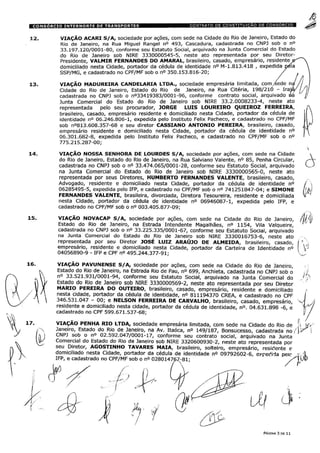 VIAÇÃO ACARI S/A, sociedade por ações, com sede na Cidade do Rio de Janeiro, Estado do
Rio de Janeiro, na Rua Miguel Rangei n° 493, Cascadura, cadastrada no CNPJ sob o n°
33.197.120/0001-80, conforme seu Estatuto Social, arquivado na Junta Comercial do Estado
do Rio de Janeiro sob NIRE 3330000545-5, neste ato representada por seu Diretor-
Presidente, VALMIR FERNANDES DO AMARAL, brasileiro, casado, empresário, residenteg"""
domiciliado nesta Cidade, portador da cédula de identidade n° M-l.813.418 , expedida péla
SSP/MG, e cadastrado no CPF/MF sob o n° 350.153.816-20; / .
VIAÇÃO MADUREIRA CANDELARIA LTDA., sociedade empresária limitada, com/éede ná/j
Cidade do Rio de Janeiro, Estado do Rio de Janeiro, na Rua Citéria, 198/210 - IraiQ/ ÿ
cadastrada no CNPJ sob o n°33419383/0001-96, conforme contrato social, arquivado tóa
Junta Comercial do Estado do Rio de Janeiro sob NIRE 33.2.0008233-4, neste ato
representada pelo seu procurador, JORGE LUIS LOUREIRO QUEIROZ FERREIRA,
brasileiro, casado, empresário residente e domiciliado nesta Cidade, portador da cédula de
identidade n° 06.246.806-1, expedida pelo Instituto Felix Pacheco, e cadastrado no CPF/MF
sob n°813.608.357-68 e seu diretor CASSIANO ANTONIO PEREIRA, brasileiro, casado,
empresário residente e domiciliado nesta Cidade, portador da cédula de identidade n°
06.301.682-8, expedida pelo Instituto Felix Pacheco, e cadastrado no CPF/MF sob o n°
775.215.287-00;
VIAÇÃO NOSSA SENHORA DE LOURDES S/A, sociedade por ações, com sede na Cidade
do Rio de Janeiro, Estado do Rio de Janeiro, na Rua Salviano Valente, n° 85, Penha Circular,
cadastrada no CNPJ sob o n° 33.474.065/0001-28, conforme seu Estatuto Social, arquivado
na Junta Comercial do Estado do Rio de Janeiro sob NIRE 3330000565-0, neste ato
representada por seus Diretores, HUMBERTO FERNANDES VALENTE, brasileiro, casado,
Advogado, residente e domiciliado nesta Cidade, portador da cédula de identidade n°
06285495-5, expedida pelo IFP, e cadastrado no CPF/MF sob o n° 741251847-04; e SIMONE
FERNANDES VALENTE, brasileira, divorciada, Diretora Tesoureira, residente e domiciliada
nesta Cidade, portador da cédula de identidade n° 06946087-1, expedida pelo IFP, e
cadastrado no CPF/MF sob o n° 003.405.877-09;
VIAÇÃO NOVACAP S/A, sociedade por ações, com sede na Cidade do Rio de Janeiro, /Estado do Rio de Janeiro, na Estrada Intendente Magalhães, n° 1154, Vila Valqueire, 1
cadastrada no CNPJ sob o n° 33.225.335/0001-67, conforme seu Estatuto Social, arquivado
na Junta Comercial do Estado do Rio de Janeiro sob NIRE 3330016753-6, neste ato
representada por seu Diretor JOSÉ LUIZ ARAÚJO DE ALMEIDA, brasileiro, casado, / ÿ
empresário, residente e domiciliado nesta Cidade, portador da Carteira de Identidade n° I
04056890-9 - IFP e CPF n° 495.244.377-91;
VIAÇÃO PAVUNENSE S/A, sociedade por ações, com sede na Cidade do Rio de Janeiro,
Estado do Rio de Janeiro, na Estrada Rio de Pau, n° 699, Anchieta, cadastrada no CNPJ sob o
n° 33.521.931/0001-94, conforme seu Estatuto Social, arquivado na Junta Comercial do
Estado do Rio de Janeiro sob NIRE 3330000569-2, neste ato representada por seu Diretor
MARIO PEREIRA DO OUTEIRO, brasileiro, casado, empresário, residente e domiciliado
nesta cidade, portador da cédula de identidade, n° 811194370 CREA, e cadastrado no CPF
346.531.047 - 00; e NELSON FERREIRA DE CARVALHO, brasileiro, casado, empresário, residente e domiciliado nesta cidade, portador da cédula de identidade, n°. 04.631.898 -6, e
cadastrado no CPF 599.671.537-68;
VIAÇÃO PENHA RIO LTDA, sociedade empresária limitada, com sede na Cidade do Rio de !',
Janeiro, Estado do Rio de Janeiro, na Av. Itaóca, n° 149/187, Bonsucesso, cadastrada no (>
CNPJ sob o n° 02.592.047/0001-17, conforme seu contrato social, arquivado na Junta
Comercial do Estado do Rio de Janeiro sob NIRE 3320600930-2, neste ato representada por
seu Diretor, AGOSTINHO TAVARES MAIA, brasileiro, solteiro, empresário, residente e
domiciliado nesta Cidade, portador da cédula de identidade n° 09792602-6, expedida peie
IFP, e cadastrado no CPF/MF sob o n° 028014767-81;
PÁGINA 3 DE 11
 