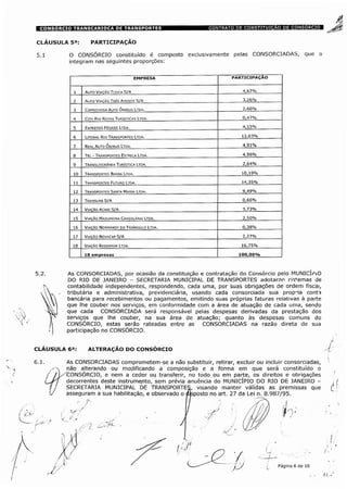 CLÁUSULA 5a: PARTICIPAÇÃO
5.1 O CONSÓRCIO constituído é composto exclusivamente pelas CONSORCIADAS, que o
integram nas seguintes proporções:
Auto Viação Tuuca S/A
3.26%Auto Viação Trés Amigos S/A
2,60%Caprichosa Auto Onibus Ltoa.
0,47%City Rio Rotas Turísticas Ltda
Expresso Pégaso Ltda.
12,03%LitoralRio Transportes Ltda.
RealAuto Ônibus Ltda.
Tel - Transportes Estrela Ltda
Translitorànea Turística Ltda.
10,19%Transportes Barra Ltda
Transportes Futuro Ltda
9,49%Transportes Santa Maria Ltda,
Transurb S/A
3,73%Viação Acari S/A
2,50%Viação Madureira Candelária Ltda.
0,38%Viação Normandy oo Triângulo Ltda.
2,27%Viação Novacap S/A
Viação Redentor Ltda
100,00%
As CONSORCIADAS, por ocasião da constituição e contratação do Consórcio pelo MUNICIPiO
DO RIO DE JANEIRO - SECRETARIA MUNICIPAL DE TRANSPORTES adotaróo riÿemas de
contabilidade independentes, respondendo, cada uma, por suas obrigações de ordem fiscai,
tributária e administrativa, previdenciária, usando cada consorciada sua prop-ia cont?
bancária para recebimentos ou pagamentos, emitindo suas próprias faturas relativas à parte
que lhe couber nos serviços, em conformidade com a área de atuação de cada uma, sendo
que cada CONSORCIADA será responsável pelas despesas derivadas da prestação dos
serviços que lhe couber, na sua área de atuação; quanto às despesas comuns do
CONSÓRCIO, estas serão rateadas entre as CONSORCIADAS na razão direta de sua
participação no CONSÓRCIO.
CLAUSULA 6a: ALTERAÇÃO DO CONSÓRCIO
As CONSORCIADAS comprometem-se a não substituir, retirar, excluir ou incluir consorciadas,
não alterando ou modificando a composição e a forma em que será constituído o
'CONSÓRCIO, e nem a ceder ou transferir, no todo ou em parte, os direitos e obrigações
decorrentes deste instrumento, sem prévia anuência do MUNICÍPIO DO RIO DE JANEIRO -
SECRETARIA MUNICIPAL DE TRANSPORTES, visando manter válidas as premissas que
asseguram a sua habilitação, e observado o ájsposto no art. 27 da Lei n. 8.987/95.
/ /' /fnh J ÿ
v/  ÿ ! ///// Io.
.//'
Página 6 de 10
 