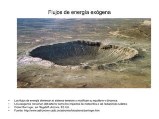 Flujos de energía exógena Los flujos de energía alimentan el sistema terrestre y modifican su equilibrio y dinámica. Los exógenos provienen del exterior como los impactos de meteoritos o las radiaciones solares. Cráter Barringer, en Flagstaff, Arizona, EE.UU..  Fuente: http://www.astronomy.csdb.cn/astromia/fotostierra/barringer.htm 