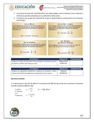 Subsecretaría de Educación Media Superior
Dirección General de Educación Tecnológica Industrial y de Servicios
Dirección Académica e Innovación Educativa
Subdirección de Innovación Académica
103
3. Las fuerzas de atracción intermoleculares son despreciables, pues la distancia entre molécula y
molécula es grande comparada con sus diámetros moleculares.
4. El volumen que ocupan las moléculas de un gas es despreciable en comparación con el volumen
total del gas.
ACTIVIDAD 3 PRODUCTO PONDERACIÓN
Elabora un mapa mental sobre el tema de gases utilizando recortes
de libros o revistas que tengas en casa.
Mapa mental
evidencias
ACTIVIDAD 4 PRODUCTO PONDERACIÓN
Analiza los siguientes problemas y observa la solución a ellos,
realiza una sesión de preguntas y respuestas con tu asesor.
Solución
problemas
Ejercicios resueltos.
1. Un gas ocupa un volumen de 200 cm3
a una presion de 700 mm Hg. ¿Cuál sera su volumen si la presión
recibida aumenta a 900 mm Hg?
 