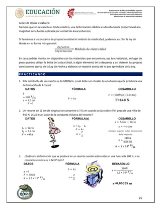 Subsecretaría de Educación Media Superior
Dirección General de Educación Tecnológica Industrial y de Servicios
Dirección Académica e Innovación Educativa
Subdirección de Innovación Académica
25
𝐿𝑖 = 12𝑐𝑚
𝐿𝑓 = 7.6 𝑐𝑚
𝐹 = 440𝑁
𝑥 = 𝐿𝑓 − 𝐿𝑖
𝐹 = 𝑘𝑥
𝑘 =
𝐹
𝑥
𝑥 = 7.6𝑐𝑚 − 12𝑐𝑚
𝑥 = −4.4𝑐𝑚
(el signo negativo indica disminución
de la longitud)
𝑘 =
440 𝑁
0.044𝑚
𝒌 = 𝟏 × 𝟏𝟎𝟒 𝑵
𝒎
ൗ
La ley de Hooke establece:
Siempre que no se exceda el límite elástico, una deformación elástica es directamente proporcional a la
magnitud de la fuerza aplicada por unidad de área (esfuerzo).
Si llamamos a la constante de proporcionalidad el módulo de elasticidad, podemos escribir la ley de
Hooke en su forma más general:
𝐸𝑠𝑓𝑢𝑒𝑟𝑧𝑜
𝐷𝑒𝑓𝑜𝑟𝑚𝑎𝑐𝑖ó𝑛
= 𝑀ó𝑑𝑢𝑙𝑜 𝑑𝑒 𝑒𝑙𝑎𝑠𝑡𝑖𝑐𝑖𝑑𝑎𝑑
En casa podrías montar un dispositivo con los materiales que encuentres, usa tu creatividad, en lugar de
pesas puedes utilizar la bolsa del azúcar,frijol, o algún elemento de la despensa y así obtener tus propias
conclusiones acerca de la Ley de Hooke,y elaborar un reporte acerca de lo que aprendiste de la Ley.
P R A C T I C A N D O
1. Si la constante de un resorte es de 600 N/m, ¿cuál debe ser el valor de una fuerza que le produzca una
deformación de 4.3 cm?
DATOS FÓRMULA DESAROLLO
2. Un resorte de 12 cm de longitud se comprime a 7.6 cm cuando actúa sobre él el peso de una niña de
440 N. ¿Cuál es el valor de la constante elástica del resorte?
DATOS FÓRMULA(s) DESAROLLO
3. ¿Cuál es la deformación que se produce en un resorte cuando actúa sobre él una fuerza de 300 N, si su
constante elástica es 1.2x106 N/m?
DATOS FÓRMULA DESAROLLO
𝑘
= 600 𝑁
𝑚
ൗ
𝑥 = 4.3 𝑐𝑚
𝐹 =?
𝐹 = 𝑘𝑥
𝐹 = (600𝑁/𝑚)(0.043𝑚)
F=25.8 N
𝑥 =?
𝐹 = 300𝑁
𝑘 = 1.2 × 106 𝑁
𝑚
ൗ
𝐹 = 𝑘𝑥
𝑥 =
𝐹
𝑘
𝑥 =
300𝑁
1.2 × 106 𝑁
𝑚
ൗ
x=0.00025 m
 