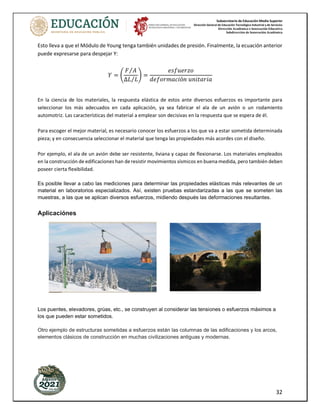 Subsecretaría de Educación Media Superior
Dirección General de Educación Tecnológica Industrial y de Servicios
Dirección Académica e Innovación Educativa
Subdirección de Innovación Académica
32
Esto lleva a que el Módulo de Young tenga también unidades de presión. Finalmente, la ecuación anterior
puede expresarse para despejar Y:
𝑌 = (
𝐹 𝐴
⁄
∆𝐿 𝐿
⁄
) =
𝑒𝑠𝑓𝑢𝑒𝑟𝑧𝑜
𝑑𝑒𝑓𝑜𝑟𝑚𝑎𝑐𝑖ó𝑛 𝑢𝑛𝑖𝑡𝑎𝑟𝑖𝑎
En la ciencia de los materiales, la respuesta elástica de estos ante diversos esfuerzos es importante para
seleccionar los más adecuados en cada aplicación, ya sea fabricar el ala de un avión o un rodamiento
automotriz. Las características del material a emplear son decisivas en la respuesta que se espera de él.
Para escoger el mejor material, es necesario conocer los esfuerzos a los que va a estar sometida determinada
pieza; y en consecuencia seleccionar el material que tenga las propiedades más acordes con el diseño.
Por ejemplo, el ala de un avión debe ser resistente, liviana y capaz de flexionarse. Los materiales empleados
en la construcción de edificaciones han deresistir movimientos sísmicos en buena medida, pero también deben
poseer cierta flexibilidad.
Es posible llevar a cabo las mediciones para determinar las propiedades elásticas más relevantes de un
material en laboratorios especializados. Así, existen pruebas estandarizadas a las que se someten las
muestras, a las que se aplican diversos esfuerzos, midiendo después las deformaciones resultantes.
Aplicaciónes
Los puentes, elevadores, grúas, etc., se construyen al considerar las tensiones o esfuerzos máximos a
los que pueden estar sometidos.
Otro ejemplo de estructuras sometidas a esfuerzos están las columnas de las edificaciones y los arcos,
elementos clásicos de construcción en muchas civilizaciones antiguas y modernas.
 