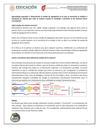 Subsecretaría de Educación Media Superior
Dirección General de Educación Tecnológica Industrial y de Servicios
Dirección Académica e Innovación Educativa
Subdirección de Innovación Académica
7
Aprendizaje esperado 2: Determinará el estado de agregación en el que se encuentre la materia e
interpreta los efectos que sufre la materia cuando es sometido a variación en los factores físicos
circundantes.
¿Qué estados de materia conoces?
Generalmente decimos que tres: sólido, líquido y gaseoso, sin embargo, hay algunos otros como el
plasma. Otros no son naturales como el caso del Condensado de Bosé Einstein llamado también el quinto
estado de agregación de la materia.
Existe una correlación entre los tres estados de agregación que tienen que ver con los fenómenos que
ocurren en nuestro planeta y es la transición de un estado a otro, es decir, los cambios de estado de
agregación de la materia.
En la física y en la química se observa que, para cualquier sustancia, modificando sus condiciones de
temperatura o presión, pueden obtenerse distintos estados o fases, denominados estados de agregación
de la materia, en relación con las fuerzas de unión de las partículas que la constituyen.
¿Cómo se producen estos diferentes estados de la materia?
Para entender estos procesos de cambio es necesario hablar de la Teoría Cinético Molecular, uno de los
conceptos básicos de la teoría se refiere a que los átomos y moléculas están en movimiento constante,
mientras más energía hay mayor es el movimiento molecular y la temperatura percibida. Un punto
importante es que la cantidad de energía que tienen los átomos (y por consiguiente la cantidad de
movimiento) influye en su interacción. Muchos átomos se atraen entre sí como resultado de varias fuerzas
intermoleculares como: lazos de hidrógeno, Fuerzas de Van Der Waals y otras. Los átomos que tienen
relativamente pequeñas cantidades de energía (y movimiento) interactuarán fuertemente entre sí,
mientras que aquellos con relativamente altas cantidades de energía interactuarán poco.
Sólidos
Los átomos que tienen poca energía interactúan mucho y tienden a “encerrarse” y no interactúan con
otros átomos. Estos átomos se mantienen en movimiento, pero es sólo vibracional y las moléculas se
mantienen fijas vibrando unas al lado de otras. Por consiguiente, colectivamente estos átomos forman
una sustancia dura, lo que llamamos sólido.
 