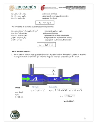 Subsecretaría de Educación Media Superior
Dirección General de Educación Tecnológica Industrial y de Servicios
Dirección Académica e Innovación Educativa
Subdirección de Innovación Académica
71
P1 + gh1 = P2 + gh2 ordenando términos
P1 – P2 = gh2 - gh1 factorizando en el segundo miembro
P1 – P2 = g(h2 – h1) haciendo h2 – h1 = h
Por otra parte, de la misma ecuación de Bernoulli, tenemos:
P1 + gh1 + ½v1
2
= P2 + gh2 + ½ v2
2
eliminando gh1 y gh2
P1 + ½v1
2
= P2 + ½v2
2
ordenando términos
P1 – P2 = ½v2
2
– ½v1
2
igualando con la ecuación anterior
 g h = ½v2
2
– ½v1
2
multiplicando por 2 y dividiendo entre 
2 g h = v2
2
– v1
2
despejando v2 , tenemos, finalmente.
1. Por un tubo de Venturi fluye agua con velocidad 6 m/s en la sección transversal A, como se muestra
en la figura. Calcula la velocidad que adquirirá el agua al pasar por la sección B, si h = 10 cm.
Datos
v1 = 6 m/s
v2 =?
h = 10 cm
Fórmula
2
1
2 2 v
gh
v +
=
Desarrollo
)
/
6
(
)
1
.
0
)(
/
8
.
9
(
2 2
2
2 s
m
m
s
m
v +
=
2
2
2 /
96
.
37 s
m
v =
v2 = 6.16 m/s
2
1
2 2 v
gh
v +
=
P1 – P2 =  g h
EJERCICIOS RESUELTOS
 