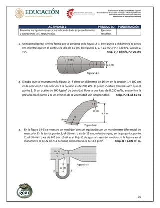 Subsecretaría de Educación Media Superior
Dirección General de Educación Tecnológica Industrial y de Servicios
Dirección Académica e Innovación Educativa
Subdirección de Innovación Académica
76
1. Un tubo horizontal tiene la forma que se presenta en la figura 14-3. En el punto 1 el diámetro es de 6.0
cm, mientras que en el punto 2 es sólo de 2.0 cm. En el punto 1, ν1 = 2.0 m/s y P1 = 180 kPa. Calcule ν2
y P2. Resp. 𝒗𝟐= 18 m/s, P2= 20 kPa
2. El tubo que se muestra en la figura 14-4 tiene un diámetro de 16 cm en la sección 1 y 100 cm
en la sección 2. En la sección 1 la presión es de 200 kPa. El punto 2 esta 6.0 m más alto que el
punto 1. Si un aceite de 800 kg/m3
de densidad fluye a una tasa de 0.030 m3
/s, encuentre la
presión en el punto 2 si los efectos de la viscosidad son despreciable. Resp. P2=1.48 E5 Pa
3. En la figura 14-5 se muestra un medidor Venturi equipado con un manómetro diferencial de
mercurio. En la toma, punto 1, el diámetro es de 12 cm, mientras que, en la garganta, punto
2, el diámetro es de 6.0 cm. ¿Cuál es el flujo Q de agua a través del medidor, si la lectura en el
manómetro es de 22 cm? La densidad del mercurio es de 13.6 gcm3
. Resp. Q = 0.022 m3
/s.
ACTIVIDAD 2 PRODUCTO PONDERACIÓN
Resuelve los siguientes ejercicios indicando todo su procedimiento
y subrayando la(s) respuesta(s).
Ejercicios
resueltos
 