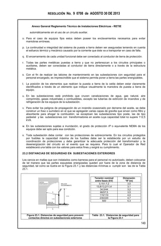 RESOLUCIÓN No. 9 0708 de AGOSTO 30 DE 2013
Anexo General Reglamento Técnico de Instalaciones Eléctricas - RETIE
149
automáticamente sin el uso de un circuito auxiliar.
o. Para el caso de equipos fijos estos deben poseer los enclavamientos necesarios para evitar
maniobras erróneas.
p. La continuidad e integridad del sistema de puesta a tierra deben ser aseguradas teniendo en cuenta
el esfuerzo térmico y mecánico causado por la corriente que éste va a transportar en caso de falla.
q. El encerramiento de cada unidad funcional debe ser conectado al conductor de tierra de protección.
r. Todas las partes metálicas puestas a tierra y que no pertenezcan a los circuitos principales o
auxiliares, deben ser conectadas al conductor de tierra directamente o a través de la estructura
metálica.
s. Con el fin de realizar las labores de mantenimiento en las subestaciones con seguridad para el
personal encargado, es imprescindible que el sistema permita poner a tierra las partes energizables.
t. La posición de los elementos que realicen la puesta a tierra de la celda deben estar claramente
identificados a través de un elemento que indique visualmente la maniobra de puesta a tierra de
equipo.
u. En las subestaciones está prohibido que crucen canalizaciones de agua, gas natural, aire
comprimido, gases industriales o combustibles, excepto las tuberías de extinción de incendios y de
refrigeración de los equipos de la subestación.
v. Para evitar los peligros de propagación de un incendio ocasionado por derrame del aceite, se debe
construir un foso o sumidero en el que se agregarán varias capas de gravilla que sirvan como filtro y
absorbente para ahogar la combustión; se exceptúan las subestaciones tipo poste, las de tipo
pedestal y las subestaciones con transformadores en aceite cuya capacidad total no supere 112,5
kVA.
w. En las subestaciones sujetas a inundación, el grado de protección IP o equivalente NEMA de los
equipos debe ser apto para esa condición.
x. Toda subestación debe contar con las protecciones de sobrecorriente. En los circuitos protegidos
por fusibles la capacidad máxima de los fusibles debe ser la establecida por un estudio de
coordinación de protecciones y debe garantizar la adecuada protección del transformador y la
desenergización del circuito en el evento que se requiera. Para lo cual el Operador de Red
establecerá una tabla con los valores para estos fines y exigirá su cumplimiento.
23.2 DISTANCIAS DE SEGURIDAD EN SUBESTACIONES EXTERIORES
Los cercos en mallas que son instalados como barreras para el personal no autorizado, deben colocarse
de tal manera que las partes expuestas energizadas queden por fuera de la zona de distancia de
seguridad, tal como se ilustra en la Figura 23.1 y las distancias mínimas a cumplir son las de la Tabla
23.1.
Tensión nominal
entre fases (kV)
Dimensión
“R”(m)
0,151-7.2 3,0
13,8/13,2/11,4 3,1
34,5/44 3,2
66/57,5 3,5
115/110 4,0
230/220 4,7
500 5,3
Figura 23.1. Distancias de seguridad para prevenir
contactos directos en subestaciones exteriores
Tabla 23.1. Distancias de seguridad para
la Figura 23.1
 