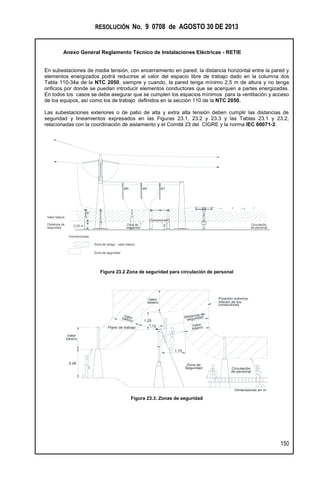 RESOLUCIÓN No. 9 0708 de AGOSTO 30 DE 2013
Anexo General Reglamento Técnico de Instalaciones Eléctricas - RETIE
150
En subestaciones de media tensión, con encerramiento en pared, la distancia horizontal entre la pared y
elementos energizados podrá reducirse al valor del espacio libre de trabajo dado en la columna dos
Tabla 110-34a de la NTC 2050, siempre y cuando, la pared tenga mínimo 2,5 m de altura y no tenga
orificios por donde se puedan introducir elementos conductores que se acerquen a partes energizadas.
En todos los casos se debe asegurar que se cumplen los espacios mínimos para la ventilación y acceso
de los equipos, así como los de trabajo definidos en la sección 110 de la NTC 2050,
Las subestaciones exteriores o de patio de alta y extra alta tensión deben cumplir las distancias de
seguridad y lineamientos expresados en las Figuras 23.1, 23.2 y 23.3 y las Tablas 23.1 y 23.2,
relacionadas con la coordinación de aislamiento y el Comité 23 del CIGRE y la norma IEC 60071-2.
Figura 23.2 Zona de seguridad para circulación de personal
Figura 23.3. Zonas de seguridad
1,25
2,25
Dimensiones en m
Circulación
de personal
Zona de
Seguridad
Plano de trabajo
Distancia de
seguridad
Valor
Valor
básico
básico
Valor
1,75
1,75
2,25
2,25 m
Valor básico
seguridad
Distancia de Zona de
seguridad
Circulación
de personal
Zona de reisgo - valor básico
Zona de seguridad
Convenciones:
ØR ØS ØT
 