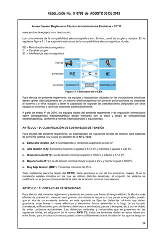 RESOLUCIÓN No. 9 0708 de AGOSTO 30 DE 2013
Anexo General Reglamento Técnico de Instalaciones Eléctricas - RETIE
54
reencendido de equipos o su destrucción.
Los componentes de la compatibilidad electromagnética son: Emisor, canal de acople y receptor. En la
siguiente Figura 11.1 se expone la estructura de la compatibilidad electromagnética, donde,
PE = Perturbación electromagnética.
C = Canal de acople.
IE = Interferencia electromagnética.
Figura 11.1 Estructura de la CEM
Para efectos del presente reglamento, los equipos y dispositivos utilizados en las instalaciones eléctricas
deben operar adecuadamente en un entorno electromagnético sin generar perturbaciones no deseadas
al sistema o a otros equipos y tener la capacidad de soportar las perturbaciones producidas por otros
equipos o sistemas y continuar operando satisfactoriamente.
A partir de enero 1º de 2016, los equipos objeto del presente reglamento y de regulación internacional
sobre compatibilidad electromagnética deben marcarse con la clase y grupo de compatibilidad
electromagnética, conforme a normas internacionales o equivalentes.
ARTÍCULO 12º. CLASIFICACIÓN DE LOS NIVELES DE TENSIÓN
Para efectos del presente reglamento, se estandarizan los siguientes niveles de tensión para sistemas
de corriente alterna, los cuales se adoptan de la NTC 1340:
a. Extra alta tensión (EAT): Corresponde a tensiones superiores a 230 kV.
b. Alta tensión (AT): Tensiones mayores o iguales a 57,5 kV y menores o iguales a 230 kV.
c. Media tensión (MT): Los de tensión nominal superior a 1000 V e inferior a 57,5 kV.
d. Baja tensión (BT): Los de tensión nominal mayor o igual a 25 V y menor o igual a 1000 V.
e. Muy baja tensión (MBT): Tensiones menores de 25 V.
Toda instalación eléctrica objeto del RETIE, debe asociarse a uno de los anteriores niveles. Si en la
instalación existen circuitos en los que se utilicen distintas tensiones, el conjunto del sistema se
clasificará, en el grupo correspondiente al valor de la tensión nominal más elevada.
ARTÍCULO 13º. DISTANCIAS DE SEGURIDAD
Para efectos del presente reglamento y teniendo en cuenta que frente al riesgo eléctrico la técnica más
efectiva de prevención, siempre será guardar una distancia respecto a las partes energizadas, puesto
que el aire es un excelente aislante, en este apartado se fijan las distancias mínimas que deben
guardarse entre líneas o redes eléctricas y elementos físicos existentes a lo largo de su trazado
(carreteras, edificaciones, piso del terreno destinado a sembrados, pastos o bosques, etc.), con el objeto
de evitar contactos accidentales. Las distancias verticales y horizontales que se presentan en las
siguientes tablas, se adoptaron de la norma ANSI C2; todas las tensiones dadas en estas tablas son
entre fases, para circuitos con neutro puesto a tierra sólidamente y otros circuitos en los que se tenga un
PARTES
EMISOR O FUENTE RECEPTOR O VÍCTIMA
CANAL
C = IEEXPRESIÓN PE *
ELIMINAR PE INSENSIBILIZARACCIONES
ATENUAR
ENERGÍA
 