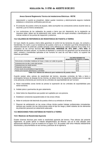 RESOLUCIÓN No. 9 0708 de AGOSTO 30 DE 2013
Anexo General Reglamento Técnico de Instalaciones Eléctricas - RETIE
69
desconexión y cuando se empalmen, deben quedar mecánica y eléctricamente seguros mediante
soldadura o conectores certificados para tal uso.
d. El conductor de puesta a tierra de equipos, debe acompañar los conductores activos durante todo su
recorrido y por la misma canalización.
e. Los conductores de los cableados de puesta a tierra que por disposición de la instalación se
requieran aislar, deben ser de aislamiento color verde, verde con rayas amarillas o identificados con
marcas verdes en los puntos de inspección y extremos.
15.4 VALORES DE REFERENCIA DE RESISTENCIA DE PUESTA A TIERRA
Un buen diseño de puesta a tierra debe garantizar el control de las tensiones de paso, de contacto y
transferidas. En razón a que la resistencia de puesta a tierra es un indicador que limita directamente la
máxima elevación de potencial, pueden tomarse como referencia los valores máximos de la Tabla 15.4,
adoptados de las normas técnicas IEC 60364-4-442, ANSI/IEEE 80, NTC 2050 y NTC 4552. El
cumplimiento de estos valores, no exonera al diseñador y constructor de garantizar que las tensiones de
paso, contacto y transferidas aplicadas al ser humano en caso de una falla a tierra, no superen las
máximas permitidas.
APLICACIÓN
VALORES MÁXIMOS DE
RESISTENCIA DE PUESTA A TIERRA
Estructuras y torrecillas metálicas de líneas o redes con cable de guarda 20 Ω
Subestaciones de alta y extra alta tensión. 1 Ω
Subestaciones de media tensión. 10 Ω
Protección contra rayos. 10 Ω
Punto neutro de acometida en baja tensión. 25 Ω
Redes para equipos electrónicos o sensibles 10 Ω
Tabla 15.4. Valores de referencia para resistencia de puesta a tierra
Cuando existan altos valores de resistividad del terreno, elevadas corrientes de falla a tierra o
prolongados tiempos de despeje de las mismas, se deben tomar las siguientes medidas para no exponer
a las personas a tensiones por encima de los umbrales de soportabilidad del ser humano:
a. Hacer inaccesibles zonas donde se prevea la superación de los umbrales de soportabilidad para
seres humanos.
b. Instalar pisos o pavimentos de gran aislamiento.
c. Aislar todos los dispositivos que puedan ser sujetados por una persona.
d. Establecer conexiones equipotenciales en las zonas críticas.
e. Aislar el conductor del electrodo de puesta a tierra a su entrada en el terreno.
f. Disponer de señalización en las zonas críticas donde puedan trabajar profesionales competentes,
siempre que cuenten con las instrucciones sobre el tipo de riesgo y estén dotados de los elementos
de protección personal con aislamiento adecuado.
15.5 MEDICIONES PARA SISTEMAS DE PUESTA A TIERRA
15.5.1 Medición de Resistividad Aparente
Existen diversas técnicas para medir la resistividad aparente del terreno. Para efectos del presente
reglamento, se puede aplicar el método tetraelectródico de Wenner, que es el más utilizado para
aplicaciones eléctricas y que se muestra en la Figura 15.4. Se pueden usar otros métodos debidamente
reconocidos y documentados en las normas y prácticas de la ingeniería.
 
