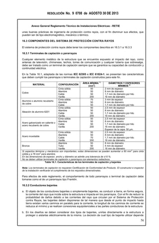 RESOLUCIÓN No. 9 0708 de AGOSTO 30 DE 2013
Anexo General Reglamento Técnico de Instalaciones Eléctricas - RETIE
74
unas buenas prácticas de ingeniería de protección contra rayos, con el fin disminuir sus efectos, que
pueden ser de tipo electromagnético, mecánico o térmico.
16.3 COMPONENTES DEL SISTEMA DE PROTECCIÓN CONTRA RAYOS
El sistema de protección contra rayos debe tener los componentes descritos en 16.3.1 a 16.3.3
16.3.1 Terminales de captación o pararrayos
Cualquier elemento metálico de la estructura que se encuentre expuesto al impacto del rayo, como
antenas de televisión, chimeneas, techos, torres de comunicación y cualquier tubería que sobresalga,
debe ser tratado como un terminal de captación siempre que se garantice su capacidad de conducción y
continuidad eléctrica.
En la Tabla 16.1, adaptada de las normas IEC 62305 e IEC 61024-1, se presentan las características
que deben cumplir los pararrayos o terminales de captación construidos para este fin.
MATERIAL CONFIGURACIÓN
ÁREA MÍNIMA
1)
(mm
2
)
DIÁMETROS Y ESPESORES
MÍNIMOS
2)
Cobre
Cinta sólida
Alambre
Cable
Varilla
50
50
50
200
2 mm de espesor
8 mm de diámetro
1,7 mm de diámetro por hilo
16 mm de diámetro
Aluminio o aluminio recubierto
de cobre
Cinta sólida
Alambre
Cable
70
50
50
3 mm de espesor
8 mm de diámetro
1,7 mm de diámetro por hilo
Aleación de aluminio 6201
Cinta sólida
Alambre
Cable
Varilla
50
50
50
200
2,5 mm de espesor
8 mm de diámetro
1,7 mm de diámetro por hilo
16 mm de diámetro
Acero galvanizado en caliente o
acero recubierto de cobre
Cinta sólida
Alambre
Cable
Varilla
50
50
50
200
2,5 mm de espesor
8 mm de diámetro
1,7 mm de diámetro por hilo
16 mm de diámetro
Espesor de la capa: 50 µm.
Acero inoxidable
Cinta sólida
Alambre
Cable
Varilla
50
50
70
200
2,5 mm de espesor
8 mm de diámetro
1,7 mm de diámetro por hilo
16 mm de diámetro
Bronce
Alambre
Tubo
Varilla
50
50
200
8 mm de diámetro
4 mm de espesor
16 mm de diámetro
Si aspectos térmicos y mecánicos son importantes, estas dimensiones se pueden aumentar a 60 mm
2
para cinta
sólida y a 78 mm
2
para alambre.
En las dimensiones de espesor, ancho y diámetro se admite una tolerancia de ±10 %.
No se deben utilizar terminales de captación o pararrayos con elementos radiactivos.
Tabla 16.1. Características de los terminales de captación y bajantes
Nota: Los terminales de captación no requieren Certificación de Conformidad de Producto. El constructor e inspector
de la instalación verificarán el cumplimiento de los requisitos dimensiónales.
Para efectos de este reglamento, el comportamiento de todo pararrayos o terminal de captación debe
tomarse como el de un pararrayos tipo Franklin.
16.3.2 Conductores bajantes
a. El objeto de los conductores bajantes o simplemente bajantes, es conducir a tierra, en forma segura,
la corriente del rayo que incide sobre la estructura e impacta en los pararrayos. Con el fin de reducir la
probabilidad de daños debido a las corrientes del rayo que circulan por el Sistema de Protección
contra Rayos, las bajantes deben disponerse de tal manera que desde el punto de impacto hasta
tierra existan varios caminos en paralelo para la corriente, la longitud de los caminos de corriente se
reduzca al mínimo y se realicen conexiones equipotenciales a las partes conductoras de la estructura.
b. En los diseños se deben considerar dos tipos de bajantes, unirlas directamente a la estructura a
proteger o aislarlas eléctricamente de la misma. La decisión de cual tipo de bajante utilizar depende
 