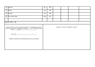 26 Repolho kg 180
27 Cebola kg 100
28 Cenoura kg 100
29 Coco ralado 100g unid 60
VALOR TOTAL R$:
Estando de acordo com os termos do ato convocatório e com a legislação nele indicada,
propomos os valores acima com validade da proposta de ____dias, com pagamento através
do banco _____ agência nº ______ c/c nº ___________________
Local e Data ______/____________________________/______
CARIMBO E ASSINATURA DO REPRESENTANTE LEGAL DA EMPRESA
NÚMERO DO CNPJ DA EMPRESA LICITANTE
 