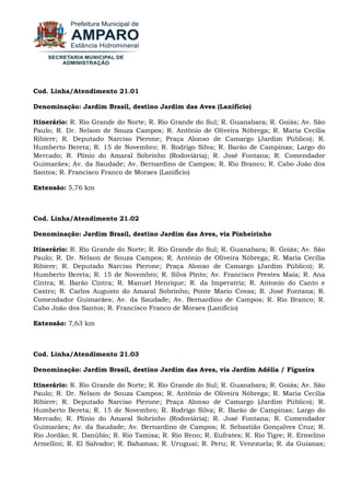 Cod. Linha/Atendimento 21.01 Denominação: Jardim Brasil, destino Jardim das Aves (Lanifício) Itinerário: R. Rio Grande do Norte; R. Rio Grande do Sul; R. Guanabara; R. Goiás; Av. São Paulo; R. Dr. Nelson de Souza Campos; R. Antônio de Oliveira Nóbrega; R. Maria Cecília Ribiere; R. Deputado Narciso Pierone; Praça Alonso de Camargo (Jardim Público); R. Humberto Bereta; R. 15 de Novembro; R. Rodrigo Silva; R. Barão de Campinas; Largo do Mercado; R. Plínio do Amaral Sobrinho (Rodoviária); R. José Fontana; R. Comendador Guimarães; Av. da Saudade; Av. Bernardino de Campos; R. Rio Branco; R. Cabo João dos Santos; R. Francisco Franco de Moraes (Lanifício) Extensão: 5,76 km Cod. Linha/Atendimento 21.02 Denominação: Jardim Brasil, destino Jardim das Aves, via Pinheirinho Itinerário: R. Rio Grande do Norte; R. Rio Grande do Sul; R. Guanabara; R. Goiás; Av. São Paulo; R. Dr. Nelson de Souza Campos; R. Antônio de Oliveira Nóbrega; R. Maria Cecília Ribiere; R. Deputado Narciso Pierone; Praça Alonso de Camargo (Jardim Público); R. Humberto Bereta; R. 15 de Novembro; R. Silva Pinto; Av. Francisco Prestes Maia; R. Ana Cintra; R. Barão Cintra; R. Manuel Henrique; R. da Imperatriz; R. Antonio do Canto e Castro; R. Carlos Augusto do Amaral Sobrinho; Ponte Mario Covas; R. José Fontana; R. Comendador Guimarães; Av. da Saudade; Av. Bernardino de Campos; R. Rio Branco; R. Cabo João dos Santos; R. Francisco Franco de Moraes (Lanifício) Extensão: 7,63 km Cod. Linha/Atendimento 21.03 Denominação: Jardim Brasil, destino Jardim das Aves, via Jardim Adélia / Figueira 
Itinerário: R. Rio Grande do Norte; R. Rio Grande do Sul; R. Guanabara; R. Goiás; Av. São Paulo; R. Dr. Nelson de Souza Campos; R. Antônio de Oliveira Nóbrega; R. Maria Cecília Ribiere; R. Deputado Narciso Pierone; Praça Alonso de Camargo (Jardim Público); R. Humberto Bereta; R. 15 de Novembro; R. Rodrigo Silva; R. Barão de Campinas; Largo do Mercado; R. Plínio do Amaral Sobrinho (Rodoviária); R. José Fontana; R. Comendador Guimarães; Av. da Saudade; Av. Bernardino de Campos; R. Sebastião Gonçalves Cruz; R. Rio Jordão; R. Danúbio; R. Rio Tamisa; R. Rio Reno; R. Eufrates; R. Rio Tigre; R. Ermelino Armellini; R. El Salvador; R. Bahamas; R. Uruguai; R. Peru; R. Venezuela; R. da Guianas;  