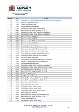 MUNICÍPIO DE AMPARO / SP - Processo nº 1315/14 
licitacoes@amparo.sp.gov.br 
64 
Partida Cod Trajeto 
17:35 
22-03 
Jardim das Aves (Lanifício) destino Jardim Brasil, via Jardim Camandocaia 
17:40 
17-01 
Santa Maria destino Rodoviária 
17:40 
19-01 
Arcadas destino Rodoviária 
17:40 
13-01 
Jardim Bianca destino Rodoviária 
17:50 
03-01 
Jardim Brasil destino Jardim Adélia/Figueira 
17:50 
06-01 
Rodoviária destino Jardim São Dimas, via SP 95 
17:50 
01-02 
Jardim Brasil destino Jardim Silmara, via Jardim Real 
17:50 
02-02 
Jardim Silmara destino Jardim Brasil, via Jardim Real 
18:00 
07-01 
Rodoviária destino Três Pontes 
18:00 
11-01 
Rodoviária destino Vale Verde 
18:00 
09-03 
Rodoviária destino Marchiori, via Vale Verde 
18:10 
14-01 
Rodoviária destino Jardim Bianca 
18:10 
18-01 
Rodoviária destino Santa Maria 
18:10 
05-01 
Jardim São Dimas destino Rodoviária, via SP 95 
18:10 
06-01 
Rodoviária destino Jardim São Dimas, via SP 95 
18:10 
16-01 
Rodoviária destino Silvestre IV, via Jardim Bianca 
18:10 
20-02 
Rodoviária destino Arcadas, via Jardim Bandeirantes 
18:15 
21-01 
Jardim Brasil destino Jardim das Aves (Lanifício) 
18:20 
08-01 
Três Pontes destino Rodoviária 
18:20 
R-02 
Fazenda Santo Antonio destino Rodoviária, via Pantaleão 
18:25 
15-01 
Silvestre IV destino Rodoviária, via Jardim Bianca 
18:30 
13-01 
Jardim Bianca destino Rodoviária 
18:30 
01-02 
Jardim Brasil destino Jardim Silmara, via Jardim Real 
18:30 
02-03 
Jardim Silmara destino Jardim Brasil, via Adélia / Figueira 
18:35 
05-01 
Jardim São Dimas destino Rodoviária, via SP 95 
18:35 
06-01 
Rodoviária destino Jardim São Dimas, via SP 95 
18:35 
19-01 
Arcadas destino Rodoviária 
18:40 
17-01 
Santa Maria destino Rodoviária 
18:50 
05-01 
Jardim São Dimas destino Rodoviária, via SP 95 
18:50 
22-01 
Jardim das Aves (Lanifício) destino Jardim Brasil 
19:00 
14-01 
Rodoviária destino Jardim Bianca 
19:00 
18-01 
Rodoviária destino Santa Maria 
19:10 
01-01 
Jardim Brasil destino Jardim Silmara 
19:10 
02-01 
Jardim Silmara destino Jardim Brasil 
19:10 
03-01 
Jardim Brasil destino Jardim Adélia/Figueira 
19:10 
11-01 
Rodoviária destino Vale Verde 
19:10 
20-02 
Rodoviária destino Arcadas, via Jardim Bandeirantes 
19:15 
06-01 
Rodoviária destino Jardim São Dimas, via SP 95 
19:40 
19-01 
Arcadas destino Rodoviária 
19:40 
02-01 
Jardim Silmara destino Jardim Brasil  