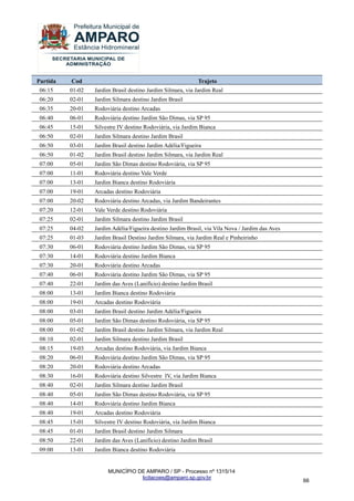 MUNICÍPIO DE AMPARO / SP - Processo nº 1315/14 
licitacoes@amparo.sp.gov.br 
66 
Partida Cod Trajeto 
06:15 
01-02 
Jardim Brasil destino Jardim Silmara, via Jardim Real 
06:20 
02-01 
Jardim Silmara destino Jardim Brasil 
06:35 
20-01 
Rodoviária destino Arcadas 
06:40 
06-01 
Rodoviária destino Jardim São Dimas, via SP 95 
06:45 
15-01 
Silvestre IV destino Rodoviária, via Jardim Bianca 
06:50 
02-01 
Jardim Silmara destino Jardim Brasil 
06:50 
03-01 
Jardim Brasil destino Jardim Adélia/Figueira 
06:50 
01-02 
Jardim Brasil destino Jardim Silmara, via Jardim Real 
07:00 
05-01 
Jardim São Dimas destino Rodoviária, via SP 95 
07:00 
11-01 
Rodoviária destino Vale Verde 
07:00 
13-01 
Jardim Bianca destino Rodoviária 
07:00 
19-01 
Arcadas destino Rodoviária 
07:00 
20-02 
Rodoviária destino Arcadas, via Jardim Bandeirantes 
07:20 
12-01 
Vale Verde destino Rodoviária 
07:25 
02-01 
Jardim Silmara destino Jardim Brasil 
07:25 
04-02 
Jardim Adélia/Figueira destino Jardim Brasil, via Vila Nova / Jardim das Aves 
07:25 
01-03 
Jardim Brasil Destino Jardim Silmara, via Jardim Real e Pinheirinho 
07:30 
06-01 
Rodoviária destino Jardim São Dimas, via SP 95 
07:30 
14-01 
Rodoviária destino Jardim Bianca 
07:30 
20-01 
Rodoviária destino Arcadas 
07:40 
06-01 
Rodoviária destino Jardim São Dimas, via SP 95 
07:40 
22-01 
Jardim das Aves (Lanifício) destino Jardim Brasil 
08:00 
13-01 
Jardim Bianca destino Rodoviária 
08:00 
19-01 
Arcadas destino Rodoviária 
08:00 
03-01 
Jardim Brasil destino Jardim Adélia/Figueira 
08:00 
05-01 
Jardim São Dimas destino Rodoviária, via SP 95 
08:00 
01-02 
Jardim Brasil destino Jardim Silmara, via Jardim Real 
08:10 
02-01 
Jardim Silmara destino Jardim Brasil 
08:15 
19-03 
Arcadas destino Rodoviária, via Jardim Bianca 
08:20 
06-01 
Rodoviária destino Jardim São Dimas, via SP 95 
08:20 
20-01 
Rodoviária destino Arcadas 
08:30 
16-01 
Rodoviária destino Silvestre IV, via Jardim Bianca 
08:40 
02-01 
Jardim Silmara destino Jardim Brasil 
08:40 
05-01 
Jardim São Dimas destino Rodoviária, via SP 95 
08:40 
14-01 
Rodoviária destino Jardim Bianca 
08:40 
19-01 
Arcadas destino Rodoviária 
08:45 
15-01 
Silvestre IV destino Rodoviária, via Jardim Bianca 
08:45 
01-01 
Jardim Brasil destino Jardim Silmara 
08:50 
22-01 
Jardim das Aves (Lanifício) destino Jardim Brasil 
09:00 
13-01 
Jardim Bianca destino Rodoviária  