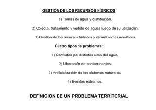 GESTIÓN DE LOS RECURSOS HÍDRICOS
1) Tomas de agua y distribución.
2) Colecta, tratamiento y vertido de aguas luego de su u...