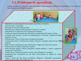 5.3. Problemas de aprendizaje
       Aunque no todos los niños que tienen lateralidad cruzada presentan problemas de aprendizaje, sí es cierto que
       tienen mayores posibilidades de padecer:




   Dificultad en la automatización de la lectura, la escritura o el cálculo.
   Leer muy lento y con pausas.
   Dificultad de atención. Hiperactividad.
   Problemas para organizar adecuadamente el espacio y el tiempo.
   Dificultades en la ordenación de la información codificada.
   Confusiones derecha-izquierda que dificultan la comprensión de la decena, centena.
   Confusión entre la suma y la resta o la multiplicación y la división. También de sílabas
    directas e inversas.
   Desmotivación. Escaso o nulo interés en algunas actividades.
    Torpeza psicomotriz. Confusión para situarse a derecha o izquierda a partir del eje medio
    corporal.
   Mejor nivel de comprensión de las explicaciones verbales que de las tareas escritas.
   Preferencia por el cálculo mental que el escrito.
   Puede presentar digrafía, dislexia, discalculia, también dislalias, y tiende a expresar lo
    contrario de lo que piensa.
    Escribir letras y números en forma invertida, como reflejadas en un espejo.
   Incapacidad para concentrarse en una única tarea durante un espacio de tiempo


    determinado.
     Según el perfil del niño puede manifestarse inhibición, irritabilidad, desesperanza,            16
    reacciones desmedidas, baja autoestima, etc.
 