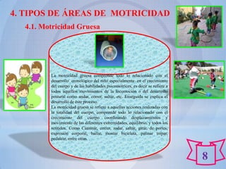 4. TIPOS DE ÁREAS DE MOTRICIDAD
  4.1. Motricidad Gruesa




         La motricidad gruesa comprende todo lo relacionado con el
         desarrollo cronológico del niño especialmente en el crecimiento
         del cuerpo y de las habilidades psicomotrices, es decir se refiere a
         todos aquellos movimientos de la locomoción o del desarrollo
         postural como andar, correr, saltar, etc. Enseguida se explica el
         desarrollo de éste proceso.
         La motricidad gruesa se refiere a aquellas acciones realizadas con
         la totalidad del cuerpo, comprende todo lo relacionado con el
         crecimiento del cuerpo coordinando desplazamientos y
         movimiento de las diferentes extremidades, equilibrio, y todos los
         sentidos. Como Caminar, correr, rodar, saltar, girar, de portes,
         expresión corporal, bailar, montar bicicleta, patinar trepar,
         pedalear, entre otras.



                                                                                8
 