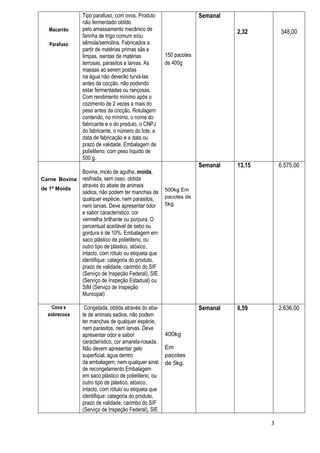 3
Macarrão
Parafuso
Tipo parafuso, com ovos. Produto
não fermentado obtido
pelo amassamento mecânico de
farinha de trigo comum e/ou
sêmola/semolina. Fabricados a
partir de matérias primas sãs e
limpas, isentas de matérias
terrosas, parasitos e larvas. As
massas ao serem postas
na água não deverão turvá-las
antes da cocção, não podendo
estar fermentadas ou rançosas.
Com rendimento mínimo após o
cozimento de 2 vezes a mais do
peso antes da cocção. Rotulagem
contendo, no mínimo, o nome do
fabricante e o do produto, o CNPJ
do fabricante, o número do lote, a
data de fabricação e a data ou
prazo de validade. Embalagem de
polietileno, com peso líquido de
500 g.
150 pacotes
de 400g
Semanal
2,32 348,00
Carne Bovina
de 1ª Moída
Bovina, miolo de agulha, moída,
resfriada, sem osso, obtida
através do abate de animais
sadios, não podem ter manchas de
qualquer espécie, nem parasitos,
nem larvas. Deve apresentar odor
e sabor característico, cor
vermelha brilhante ou púrpura. O
percentual aceitável de sebo ou
gordura é de 10%. Embalagem em
saco plástico de polietileno, ou
outro tipo de plástico, atóxico,
intacto, com rótulo ou etiqueta que
identifique: categoria do produto,
prazo de validade, carimbo do SIF
(Serviço de Inspeção Federal), SIE
(Serviço de Inspeção Estadual) ou
SIM (Serviço de Inspeção
Municipal)
500kg Em
pacotes de
5kg.
Semanal 13,15 6.575,00
Coxa e
sobrecoxa
Congelada, obtida através do aba-
te de animais sadios, não podem
ter manchas de qualquer espécie,
nem parasitos, nem larvas. Deve
apresentar odor e sabor
característico, cor amarela-rosada.
Não devem apresentar gelo
superficial, água dentro
da embalagem, nem qualquer sinal
de recongelamento Embalagem
em saco plástico de polietileno, ou
outro tipo de plástico, atóxico,
intacto, com rótulo ou etiqueta que
identifique: categoria do produto,
prazo de validade, carimbo do SIF
(Serviço de Inspeção Federal), SIE
400kg
Em
pacotes
de 5kg.
Semanal 6,59 2.636,00
 