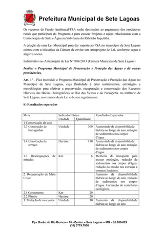 Pça. Barão do Rio Branco – 16 - Centro – Sete Lagoas – MG – 35.700-029
(31) 3779.7000
Os recursos do Fundo Ambiental/PSA serão destinados ao pagamento dos produtores
rurais que participam do Programa e para custear Projetos e ações relacionadas com a
Conservação de Solo e Água na Sub-bacia do Ribeirão Jequitibá.
A criação de uma Lei Municipal para dar suporte ao PSA no município de Sete Lagoas
contou com a iniciativa da Câmara de enviar um Anteprojeto de Lei, conforme segue e
arquivo anexo.
Substitutivo ao Anteprojeto de Lei N° 084/2013 (Câmara Municipal de Sete Lagoas)
Institui o Programa Municipal de Preservação e Proteção das Águas e dá outras
providências.
Art. 1º – Fica instituído o Programa Municipal de Preservação e Proteção das Águas no
Município de Sete Lagoas, cuja finalidade é criar instrumentos, estratégias e
metodologias para efetivar a preservação, recuperação e conservação dos Recursos
Hídricos das Bacias Hidrográficas do Rio das Velhas e do Paraopeba, no território de
Sete Lagoas, nos termos desta Lei e de seu regulamento.
h) Resultados esperados
Meta Indicador Físico Resultados Esperados
Unidade Quantidade
1 Conservação de solo
1.3 Construção de
barraginhas
Unidade 300 Aumentado da disponibilidade
hídrica ao longo do ano, redução
de sedimentos nos corpos
d’água
1.4 Construção de
terraço
Hectare 150 Aumentado da disponibilidade
hídrica ao longo do ano, redução
de sedimentos nos corpos
d’água
1.3 Readequações de
estradas
Km 6 Melhoria do transporte para
escoar produção, redução de
sedimentos nos corpos d’água,
redução da erosão nas estradas e
terrenos lindeiros.
2. Recuperação de Mata
Ciliar
Aumento da disponibilidade
hídrica ao longo do ano, redução
de sedimentos nos corpos
d’água. Formação de corredores
ecológicos.
2.1 Cercamento Km 20
2.2 Plantio Hectare 20
3. Proteção de nascentes Unidade 30 Aumento da disponibilidade
hídrica ao longo do ano
 