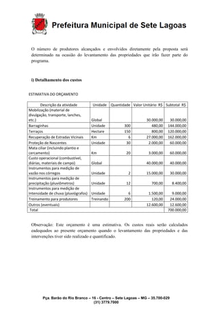 Pça. Barão do Rio Branco – 16 - Centro – Sete Lagoas – MG – 35.700-029
(31) 3779.7000
O número de produtores alcançados e envolvidos diretamente pela proposta será
determinado na ocasião do levantamento das propriedades que irão fazer parte do
programa.
i) Detalhamento dos custos
ESTIMATIVA DO ORÇAMENTO
Descrição da atividade Unidade Quantidade Valor Unitário R$ Subtotal R$
Mobilização (material de
divulgação, transporte, lanches,
etc.) Global 30.000,00 30.000,00
Barraginhas Unidade 300 480,00 144.000,00
Terraços Hectare 150 800,00 120.000,00
Recuperação de Estradas Vicinais Km 6 27.000,00 162.000,00
Proteção de Nascentes Unidade 30 2.000,00 60.000,00
Mata ciliar (incluindo plantio e
cercamento) Km 20 3.000,00 60.000,00
Custo operacional (combustível,
diárias, materiais de campo) Global 40.000,00 40.000,00
Instrumentos para medição de
vazão nos córregos Unidade 2 15.000,00 30.000,00
Instrumentos para medição de
precipitação (pluviômetros) Unidade 12 700,00 8.400,00
Instrumentos para medição de
Intensidade de chuva (pluviógrafos) Unidade 6 1.500,00 9.000,00
Treinamento para produtores Treinando 200 120,00 24.000,00
Outros (eventuais) 12.600,00 12.600,00
Total 700.000,00
Observação: Este orçamento é uma estimativa. Os custos reais serão calculados
eadequados ao presente orçamento quando o levantamento das propriedades e das
intervenções tiver sido realizado e quantificado.
 