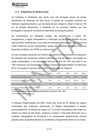 10 / 63
1.1.3. Diagnóstico do Sistema Atual
As limitações à mobilidade vêm sendo uma das principais causas de perdas
econômicas do Município de São Paulo. O padrão de circulação marcado por
intensos congestionamentos, que nas horas de pico chegam a atingir a mais de 100
km de lentidão diariamente, é resultante de um processo histórico que tem
privilegiado o transporte individual em detrimento do transporte público.
Os investimentos em transporte coletivo são descontínuos e lentos. Em
consequência, a região metropolitana e o Município de São Paulo dispõem de uma
rede de trilhos modesta para o seu status de metrópole internacional, com 74,2 km de
metrô e 258,6 km de trem metropolitano, apesar dos investimentos feitos no Plano de
Expansão do Metrô e da CPTM nos últimos anos.
Um dos resultados perversos do incentivo ao automóvel foi o decréscimo progressivo
da utilização dos transportes coletivos públicos no total de viagens motorizadas da
região metropolitana: a sua participação diminuiu de 61% em 1977 para 50,8 % em
1997 mostrando uma recuperação segundo a Pesquisa Origem-Destino de 2007 para
55 %. A evolução no período 1967 a 2007 é evidenciada na Tabela 2:
1967 1977 1987 1997 2007
Viagens Motorizadas (mil) 7.163 15.758 18.750 20.620 25.258
Parcela de viagens coletivas (%) 68,1 61 55,76 50,79 55,1
Taxa de motorização (auto / 1000 hab) 70 135 141 184 184
Índice de mobilidade (viagens /hab) 1,01 1,53 1,32 1,23 1,29
Tabela 2: Indicadores de transporte da Região Metropolitana de São Paulo (1967 - 2007)
Fonte: Pesquisa Origem – Destino 2007
A Pesquisa Origem-Destino de 2007 mostra que cerca de 25 milhões de viagens
motorizadas são realizadas diariamente na Região Metropolitana e destas,
aproximadamente 18 milhões de viagens (71 % do total metropolitano) têm origem ou
destino na cidade de São Paulo, conforme a Tabela 3. Este dado demonstra que o
problema metropolitano de transporte e as consequentes deseconomias urbanas
geradas pelos congestionamentos se manifestam principalmente dentro do município.
 