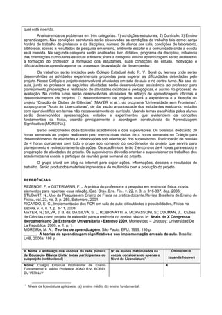 qual está inserido.
         Analisaremos os problemas em três categorias: 1) condições estruturais; 2) Currículo; 3) Ensino
aprendizagem. Nas condições estruturais serão observadas as condições de trabalho tais como: carga
horária de trabalho do professor e da disciplina, número de alunos por sala, condições de laboratório,
biblioteca, acesso a resultados de pesquisa em ensino, ambiente escolar e a comunidade onde a escola
está inserida. Na segunda categoria serão analisadas livro didático, programa da disciplina, influência
das orientações curriculares estadual e federal; Para a categoria ensino aprendizagem serão analisadas
a formação do professor, a formação dos estudantes, suas condições de estudo, motivação e
dificuldades de aprendizagem e os processos de avaliação de desempenho.
         Os trabalhos serão iniciados pelo Colégio Estadual João R. V. Borel du Vernay onde serão
desenvolvidas as atividades experimentais propostas para superar as dificuldades detectadas pelo
projeto. Nesse Colégio o projeto desenvolverá atividades em sala de aula e no contra turno. Na sala de
aula, junto ao professor as seguintes atividades serão desenvolvidas: assistência ao professor para
planejamento,preparação e realização de atividades didáticas e pedagógicas, e auxílio no processo de
avaliação. No contra turno serão desenvolvidas atividades de reforço de aprendizagem, oficinas e
desenvolvimentos de projetos. O desenvolvimento de projetos usará a experiência e a filosofia do
projeto “Criação de Clubes de Ciências” (MAYER et al.), do programa “Universidade sem Fronteiras“,
subprograma “Apoio às Licenciaturas”, de dar vazão a curiosidade dos estudantes realizando estudos
com rigor científico em temas não necessariamente do currículo. Usando temas escolhidos pelos alunos
serão desenvolvidos apresentações, estudos e experimentos que evidenciem os conceitos
fundamentais da física, usando principalmente a abordagem construtivista da Aprendizagem
Significativa (MOREIRA).
       Serão selecionados doze bolsistas acadêmicos e dois supervisores. Os bolsistas dedicarão 20
horas semanais ao projeto realizando pelo menos duas visitas de 4 horas semanais no Colégio para
desenvolvimento de atividades e observações sob orientação dos supervisores. Participarão de reunião
de 4 horas quinzenais com todo o grupo sob comando do coordenador do projeto que servirá para
planejamento e redirecionamento de ações. Os acadêmicos terão 2 encontros de 4 horas para estudo e
preparação de atividades do projeto. Os supervisores deverão orientar e supervisionar os trabalhos dos
acadêmicos na escola e participar da reunião geral semanal do projeto.
        O grupo criará um blog na internet para expor ações, informações, debates e resultados do
trabalho. Serão produzidos materiais impressos e de multimídia com a produção do projeto.


REFERÊNCIAS
REZENDE, F. e OSTERMANN, F. , A prática do professor e a pesquisa em ensino de física: novos
elementos para repensar essa relação, Cad. Brás. Ens. Fís., v. 22, n. 3: p. 316-337, dez. 2005;
STUDART, N., Uso da Pesquisa em Ensino de Física na prática docente, Revista Brasileira de Ensino de
Física, vol. 23, no. 3, p. 259, Setembro, 2001.
RICARDO, E. C., Implementação dos PCN em sala de aula: dificuldades e possibilidades, Física na
Escola, v. 4, n. 1, p. 8-11, 2003.
MAYER, N.; SILVA, J. B. da; DA SILVA, S. L. R.; BRINATTI, A. M.; PASSONI, S.; COLMAN, J.. Clubes
de Ciências como projeto de extensão para a melhoria do ensino básico. In: Anais do X Congresso
Iberoamericano De Extensión Universitaria - Extenso 2009, Montevideo – Uruguay: Universidad De
La Republica, 2009, v. 1. p. 1.
MOREIRA, M. A.. Teorias de aprendizagem. São Paulo: EPU, 1999. 195 p.
______. A teorias da aprendizagem significativa e sua implementação em sala de aula. Brasília:
UnB, 2006a. 186 p.


9. Nome e endereço das escolas da rede pública              Nº de alunos matriculados na        Último IDEB
de Educação Básica (listar todas participantes do           escola considerando apenas o
subprojeto institucional)                                   Nível de Licenciatura1             (quando houver)

Nome: Colégio Estadual Profissional de Ensino                                              4
Fundamental e Médio Professor JOAO R.V. BOREL
DU VERNAY


1
    Níveis de licenciatura aplicáveis: (a) ensino médio, (b) ensino fundamental.
 