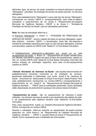diferentes tipos de serviço de saúde prestados na mesma estrutura) e serviços
"Albergados" (atividade de prestação de serviço de saúde exercida na estrutura
albergante).
Para cada estabelecimento "Albergante" e para cada tipo de serviço "Albergado",
corresponde um número CMVS e, conseqüentemente, para cada um deles é
necessário o preenchimento de um Anexo II - "Requerimento de Cadastro
Municipal de Vigilância Sanitária - CMVS" e do Anexo V - "Atividade de
Prestação de Serviço de Saúde" para as solicitações pertinentes.
Nota: No caso da solicitação referir-se a:
a) Estrutura "Albergante" - o Anexo V - "ATIVIDADE DE PRESTAÇÃO DE
SERVIÇO DE SAÚDE" - prevê o registro de todos os serviços albergados, sejam
eles próprios - com/sem CMVS - e terceirizados. Esse fato não dispensa a
entrada de solicitação específica para cada um dos serviços albergados, próprios
e terceirizados, sujeitos ao CMVS (vide Tabela 01 no final destas instruções).
b) Estabelecimento (albergante ou albergado) que possui um ou mais
equipamentos de saúde - o Anexo III - "Equipamentos de Saúde" também deve
ser utilizado, pois prevê o registro de todos os tipos de equipamentos, sujeitos ou
não ao número CMVS (vide Tabela 02 no final destas instruções). Esse fato não
isenta a entrada de solicitação específica para cada um dos equipamentos
sujeitos ao CMVS.
• Demais Atividades de Interesse da Saúde - são aquelas desenvolvidas em
estabelecimentos industriais, comerciais ou de prestação de serviços,
geralmente destinadas à coletividade, cujo cunho social é de interesse da
saúde. Encontram-se relacionadas no Grupo III do Anexo I desta Portaria. Para
cada estabelecimento corresponde um número CMVS e, conseqüentemente, o
preenchimento de um Anexo II de "Requerimento de Cadastro Municipal de
Vigilância Sanitária - CMVS" para as solicitações pertinentes. Essas atividades
estão dispensadas de preencherem quaisquer dos anexos desse formulário.
• Equipamentos de saúde - são os equipamentos de interesse à saúde
utilizados nos diversos serviços de saúde e que atualmente são objetos de ação
e de cadastramento pela vigilância sanitária (vide Tabela 02 no final destas
instruções).
Para cada equipamento sujeito ao Cadastro Municipal de Vigilância Sanitária CMVS, corresponde um número CMVS.
Quando a solicitação referir-se somente ao equipamento de saúde é preciso
preencher um único Anexo II de "Requerimento de Cadastro Municipal de
Vigilância Sanitária - CMVS" e quantas folhas do Anexo III "Equipamentos de
Saúde" forem necessárias para a totalidade das informações.

5

 
