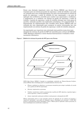OHSAS 18001:2007
vi
Existe uma distinção importante entre esta Norma OHSAS, que descreve os
requisitos para um sistema de gestão da segurança e saúde do trabalho e que pode
ser utilizada para uma certificação/registo e/ou para auto-declaração do sistema de
gestão da segurança e saúde do trabalho de uma organização, e um guia de
aplicação não certificável, concebido para auxiliar essa organização a estabelecer,
a implementar ou a melhorar um sistema de gestão da segurança e saúde do
trabalho. A gestão da segurança e saúde do trabalho abrange uma vasta gama de
questões, incluindo questões com implicações estratégicas e de competitividade. A
demonstração da implementação bem sucedida desta Norma OHSAS pode ser
utilizada por uma organização para assegurar às partes interessadas que tem
implementado um sistema de gestão da segurança e saúde do trabalho adequado.
As organizações que requeiram uma orientação mais genérica numa área mais
alargada dos sistemas de gestão da SST são remetidas para a leitura da OHSAS
18002. Qualquer referência a outras Normas Internacionais é realizada a título
meramente informativo.
Figura 1 Modelo de sistema de gestão da SST para esta Norma
NOTA Esta Norma OHSAS é baseada na metodologia conhecida por Planear-Executar-Verificar-
Actuar (PDCA). Esta metodologia pode ser simplificadamente descrita como:
• Planear: estabelecer os objectivos e os processos necessários para atingir resultados, de acordo
com a política de SST da organização;
• Executar: implementar os processos;
• Verificar: monitorizar e medir os processos face à política de SST, objectivos, requisitos legais e
outros requisitos, e relatar os resultados;
• Actuar: empreender acções para melhorar continuamente o desempenho da SST.
Muitas organizações gerem as suas operações através da aplicação de um sistema de processos e
respectivas interacções, o que pode ser designado como a “abordagem por processos”. A ISO 9001
promove a utilização deste tipo de abordagem. Como o “PDCA” pode ser aplicado a todos os processos, as
duas metodologias são consideradas compatíveis.
 