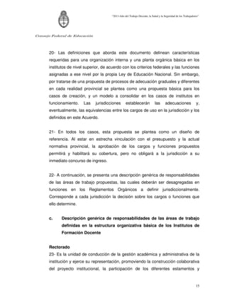 “2011-Año del Trabajo Decente, la Salud y la Seguridad de los Trabajadores”




Consejo Federal de Educación




      20- Las definiciones que aborda este documento delinean características
      requeridas para una organización interna y una planta orgánica básica en los
      institutos de nivel superior, de acuerdo con los criterios federales y las funciones
      asignadas a ese nivel por la propia Ley de Educación Nacional. Sin embargo,
      por tratarse de una propuesta de procesos de adecuación graduales y diferentes
      en cada realidad provincial se plantea como una propuesta básica para los
      casos de creación, y un modelo a consolidar en los casos de institutos en
      funcionamiento.    Las   jurisdicciones       establecerán              las     adecuaciones               y,
      eventualmente, las equivalencias entre los cargos de uso en la jurisdicción y los
      definidos en este Acuerdo.


      21- En todos los casos, esta propuesta se plantea como un diseño de
      referencia. Al estar en estrecha vinculación con el presupuesto y la actual
      normativa provincial, la aprobación de los cargos y funciones propuestos
      permitirá y habilitará su cobertura, pero no obligará a la jurisdicción a su
      inmediato concurso de ingreso.


      22- A continuación, se presenta una descripción genérica de responsabilidades
      de las áreas de trabajo propuestas, las cuales deberán ser desagregadas en
      funciones en los Reglamentos Orgánicos a definir jurisdiccionalmente.
      Corresponde a cada jurisdicción la decisión sobre los cargos o funciones que
      ello determine.


      c.     Descripción genérica de responsabilidades de las áreas de trabajo
             definidas en la estructura organizativa básica de los Institutos de
             Formación Docente


      Rectorado
      23- Es la unidad de conducción de la gestión académica y administrativa de la
      institución y ejerce su representación, promoviendo la construcción colaborativa
      del proyecto institucional, la participación de los diferentes estamentos y



                                                                                                                 15
 