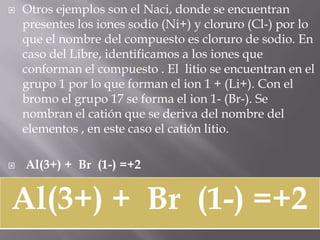 Otros ejemplos son el Naci, donde se encuentran presentes los iones sodio (Ni+) y cloruro (Cl-) por lo que el nombre del compuesto es cloruro de sodio. En caso del Libre, identificamos a los iones que conforman el compuesto . El  litio se encuentran en el grupo 1 por lo que forman el ion 1 + (Li+). Con el bromo el grupo 17 se forma el ion 1- (Br-). Se nombran el catión que se deriva del nombre del elementos , en este caso el catión litio. Al(3+) +  Br  (1-) =+2
