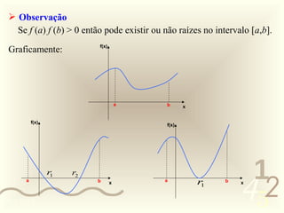  Observação
   Se f (a) f (b) > 0 então pode existir ou não raízes no intervalo [a,b].
                           f(x)
 Graficamente:




                                      a     b      x


          f(x)
                                            f(x)




                                                                  1
                                                                 452
                 r1   r2
      a                    b      x         a
                                                       r1
                                                             b   x



0011 0010
 